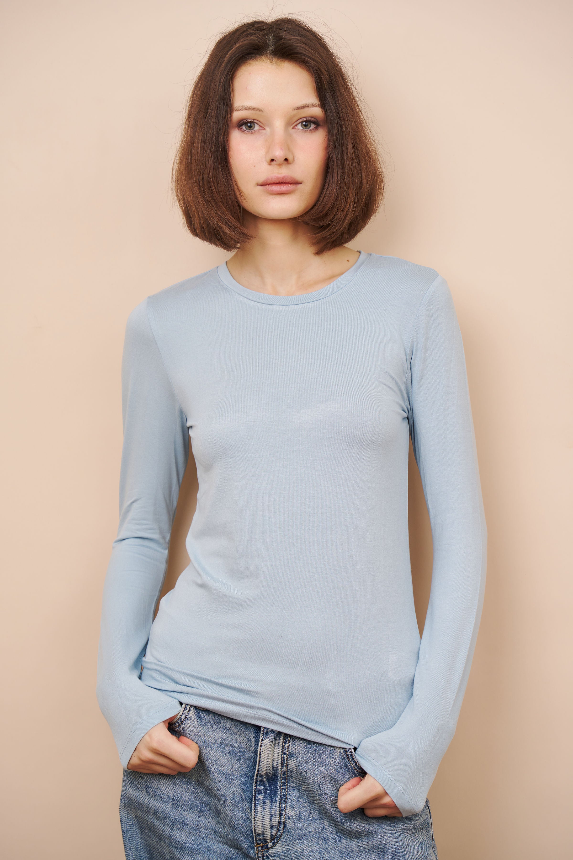 Majestic Long Sleeve Soft Touch Viscose Crewneck in Bleu Calanques