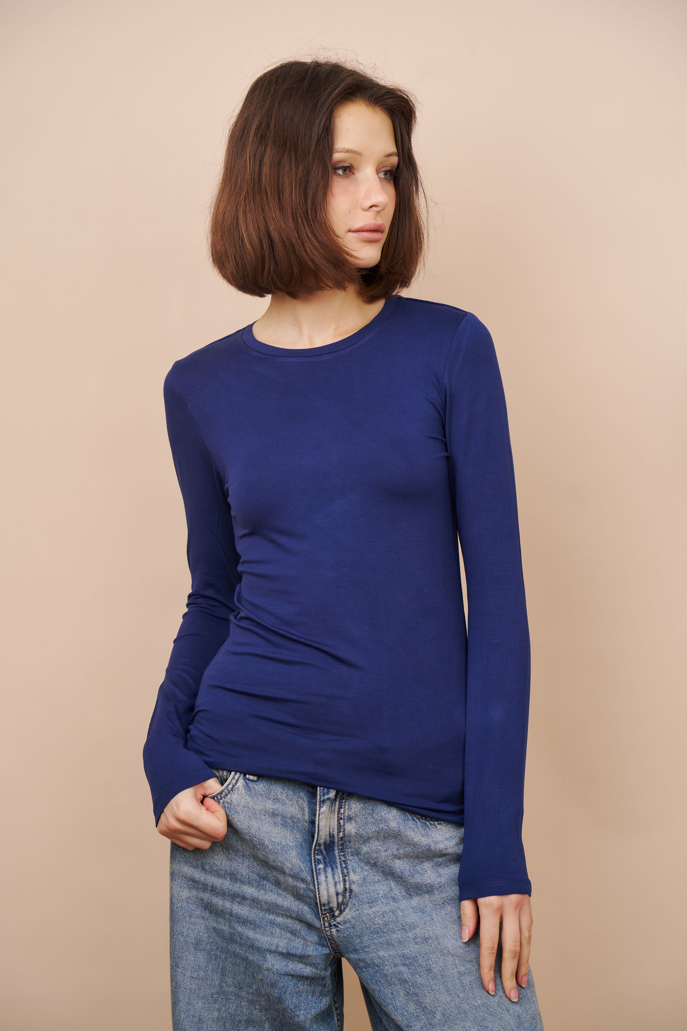 Majestic Long Sleeve Soft Touch Viscose Crewneck in Blue Moon