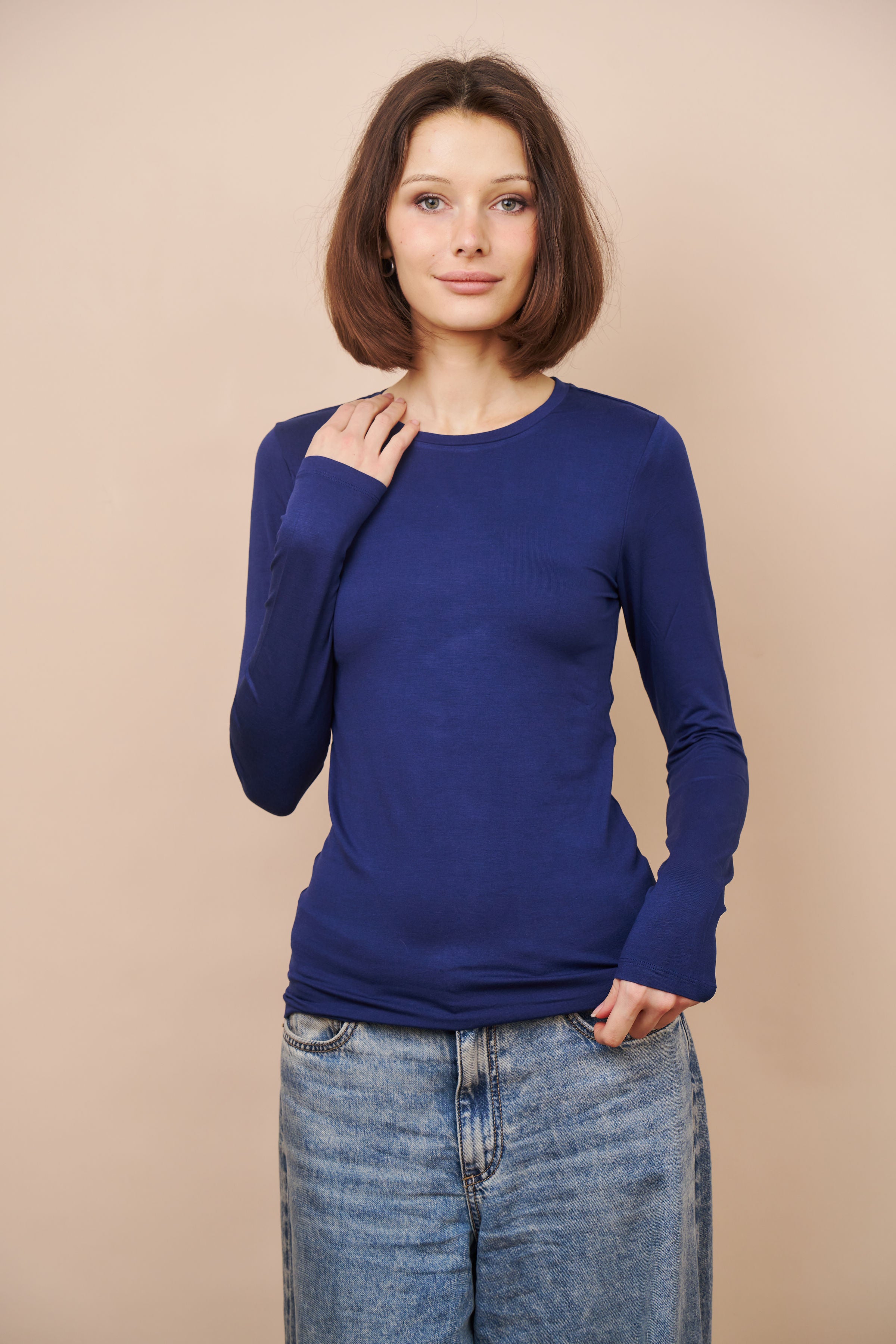 Majestic Long Sleeve Soft Touch Viscose Crewneck in Blue Moon