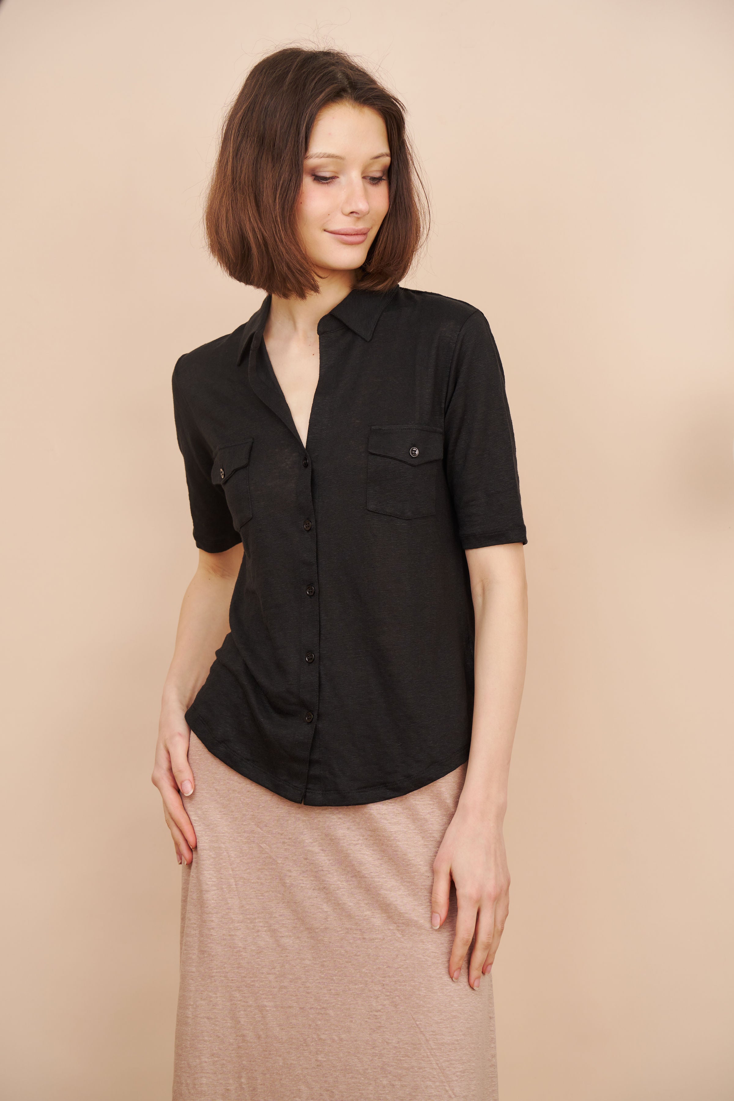 Stretch Linen 3/4 Sleeve Pocket Shirt in Noir