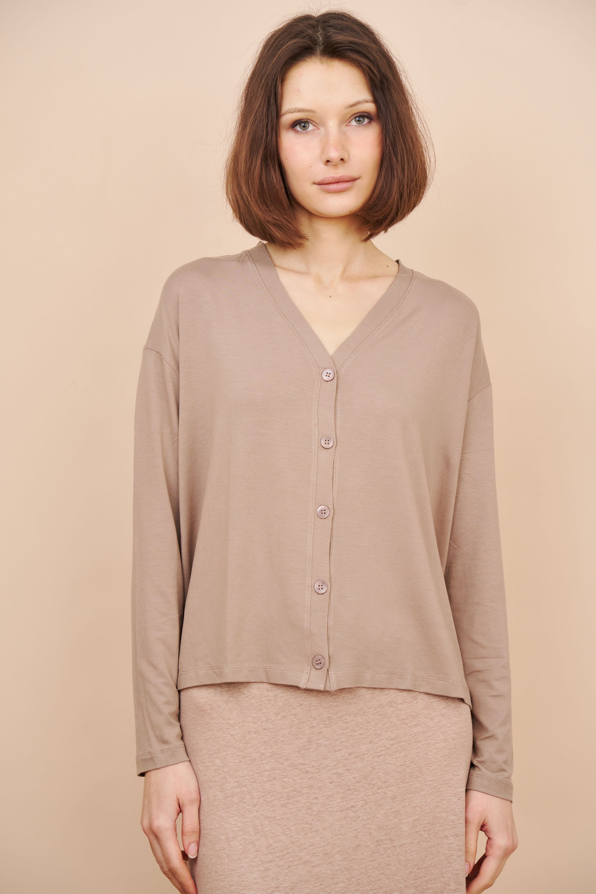 Majestic Soft Touch V-Neck Cardigan in Coffee Latte