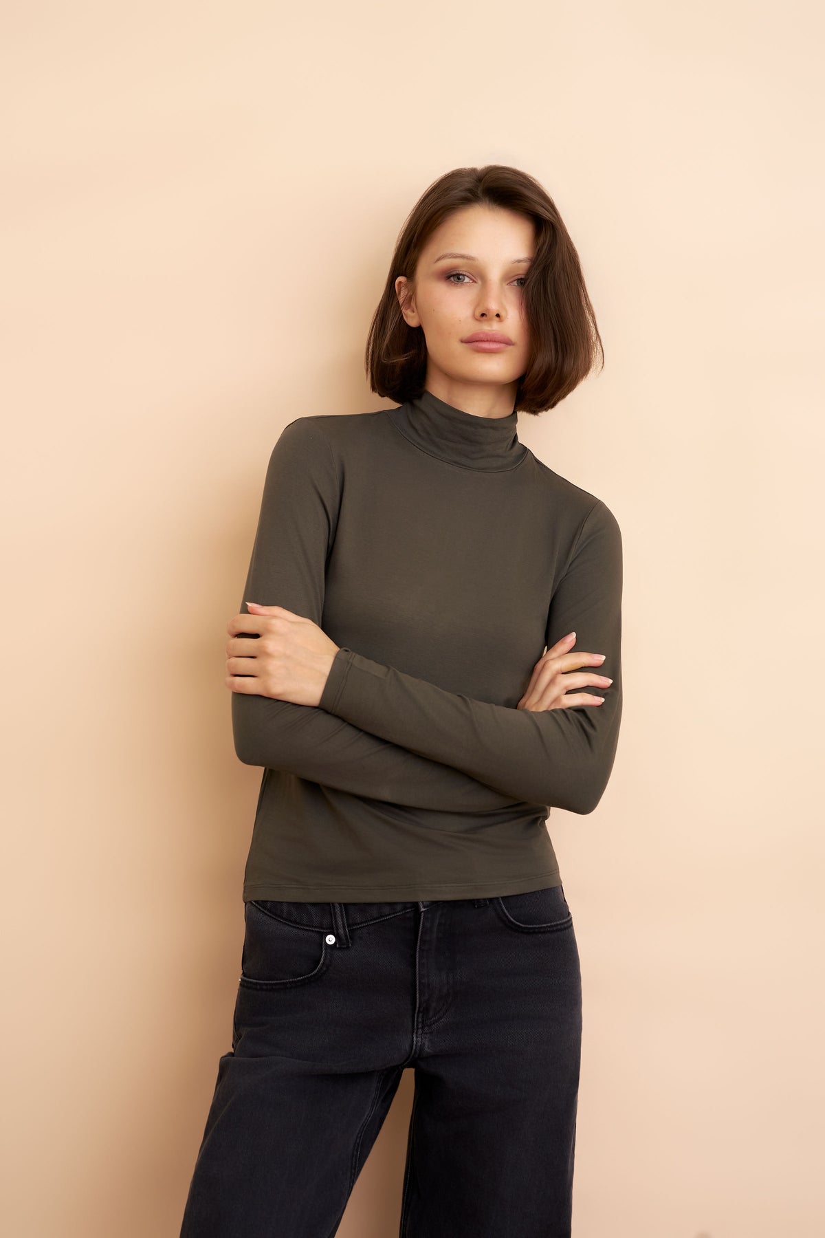 Soft Touch Crop Long Sleeve Mock Neck in Volcanic Rock