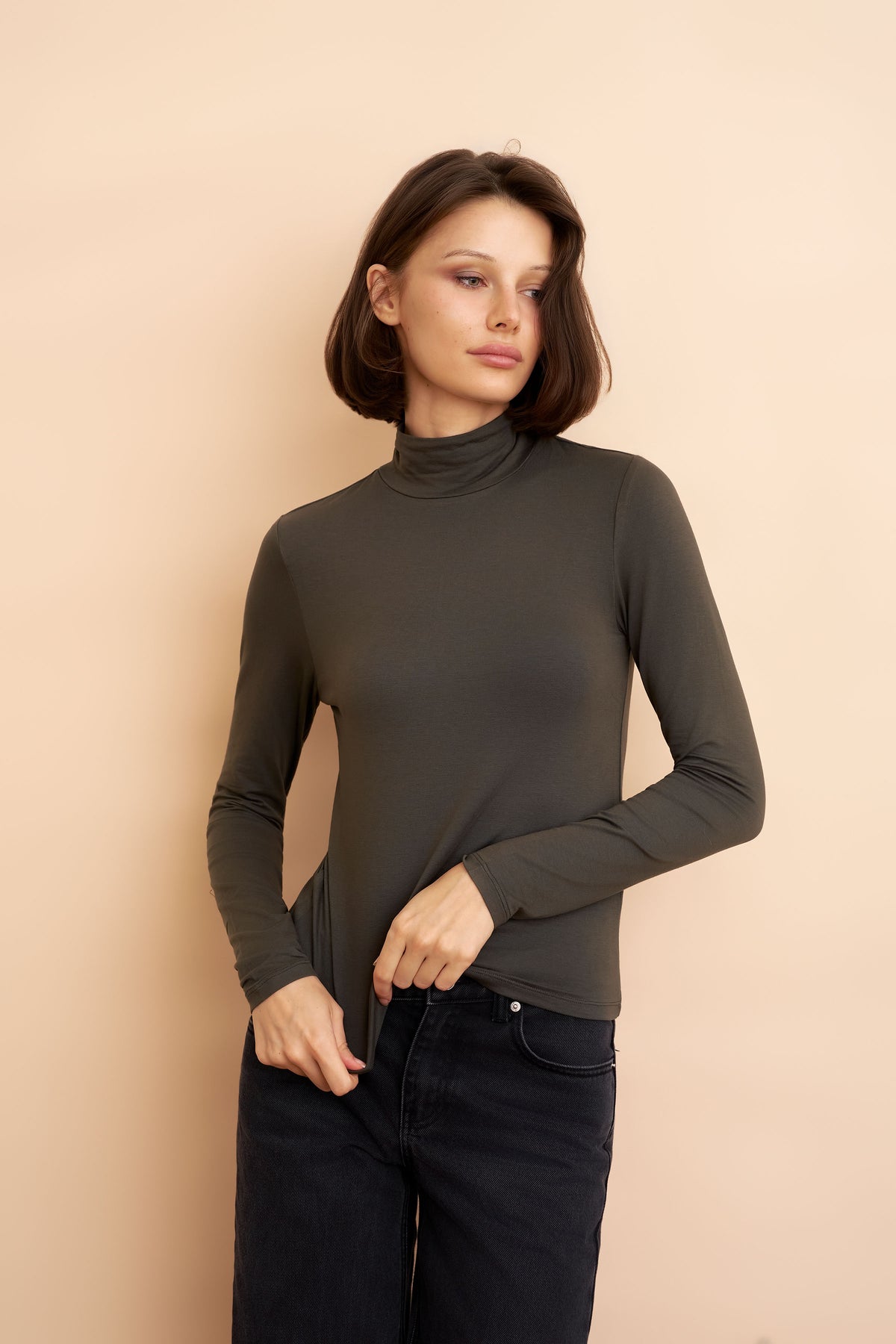 Soft Touch Crop Long Sleeve Mock Neck in Volcanic Rock
