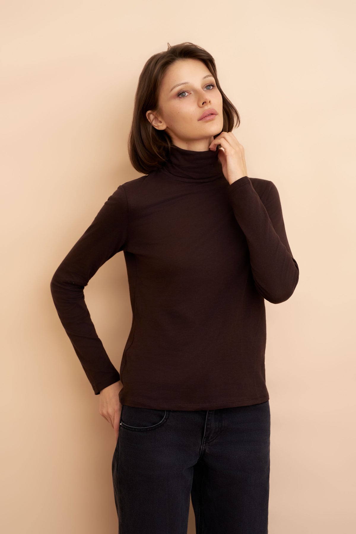 Majestic Long Sleeve Cotton/Cashmere Turtleneck in Chocolate Mousse