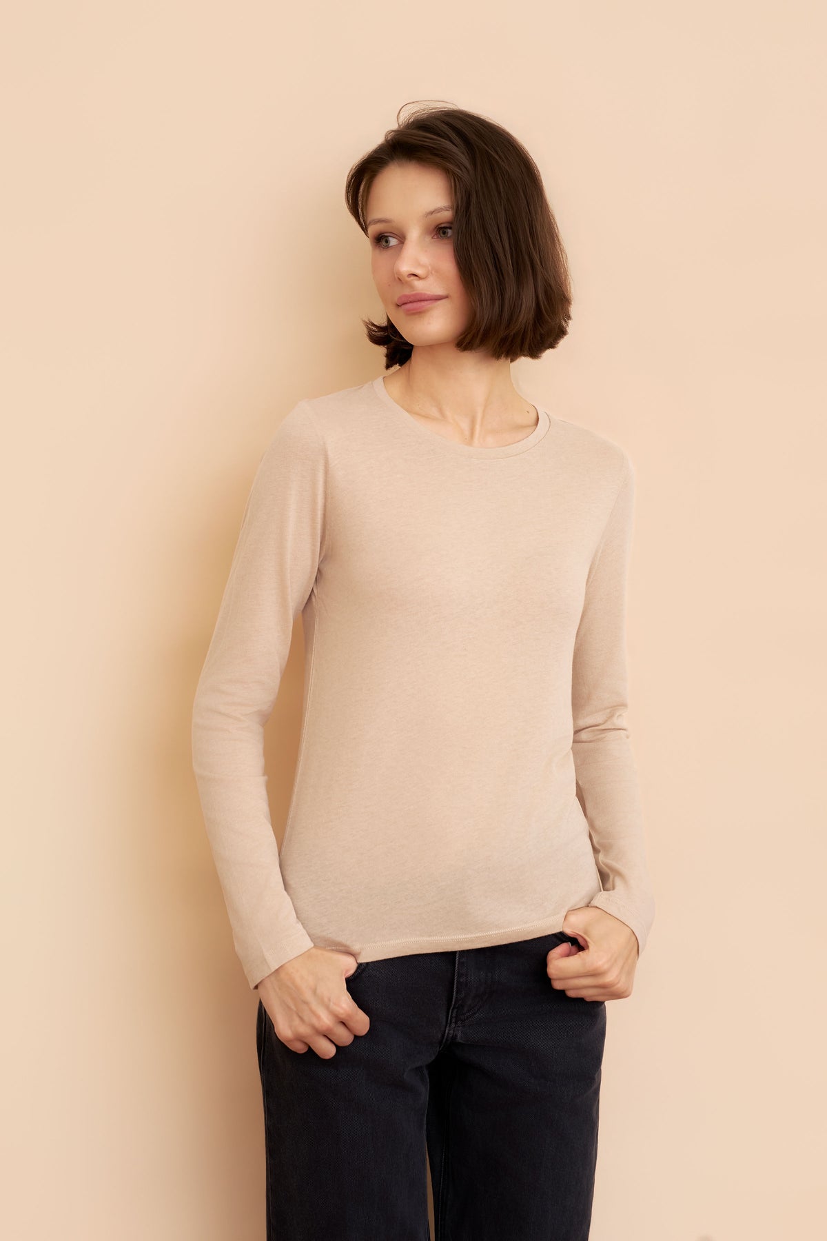 Majestic Long Sleeve Cotton/Cashmere Crewneck Tee in Powder Blush