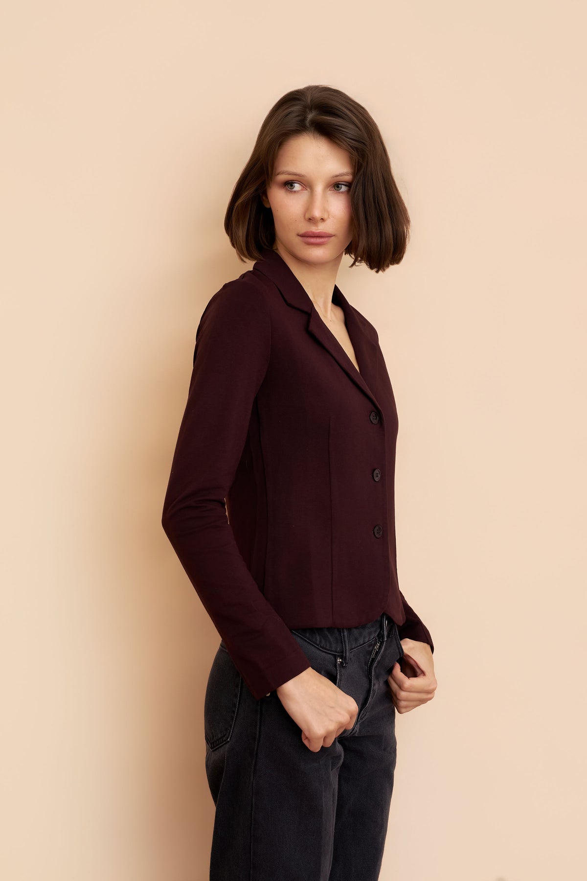 French Terry Crop Long Sleeve Three Button Blazer in Aubergine