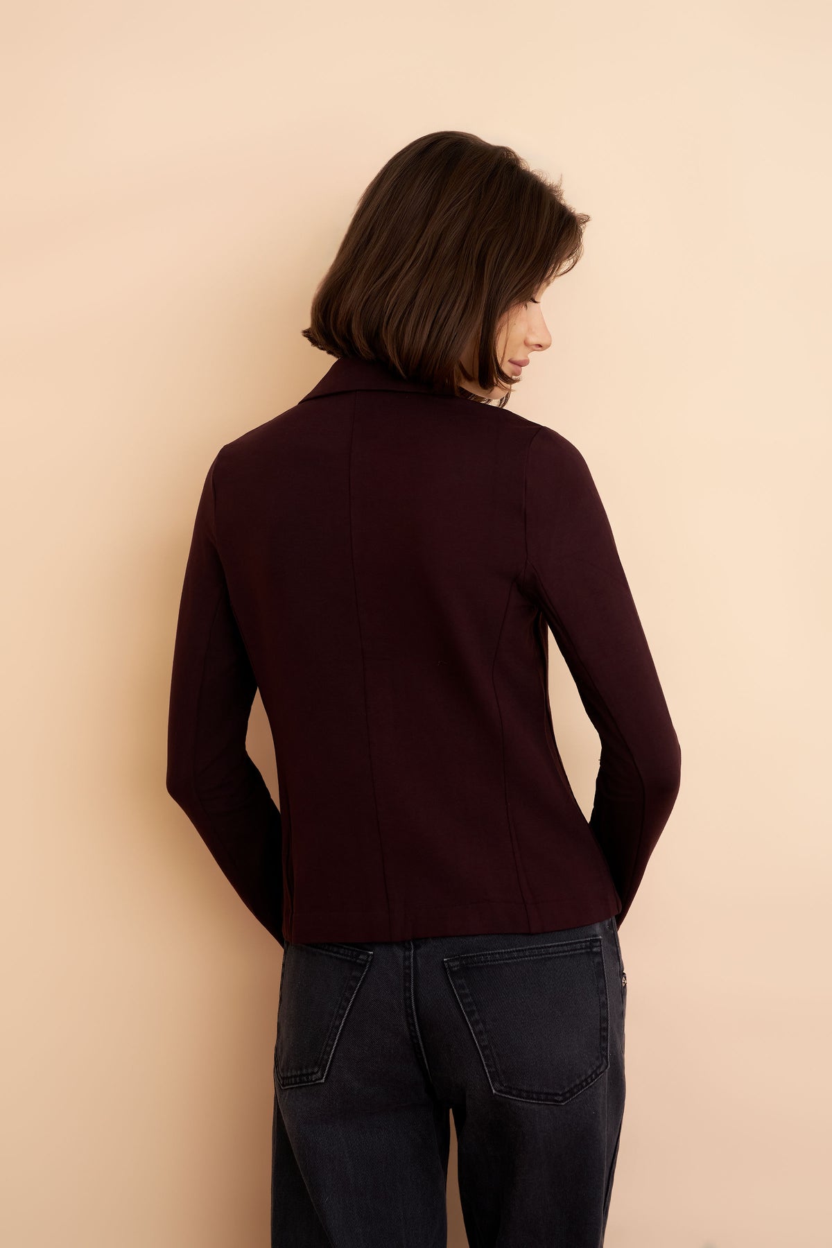 French Terry Crop Long Sleeve Three Button Blazer in Aubergine