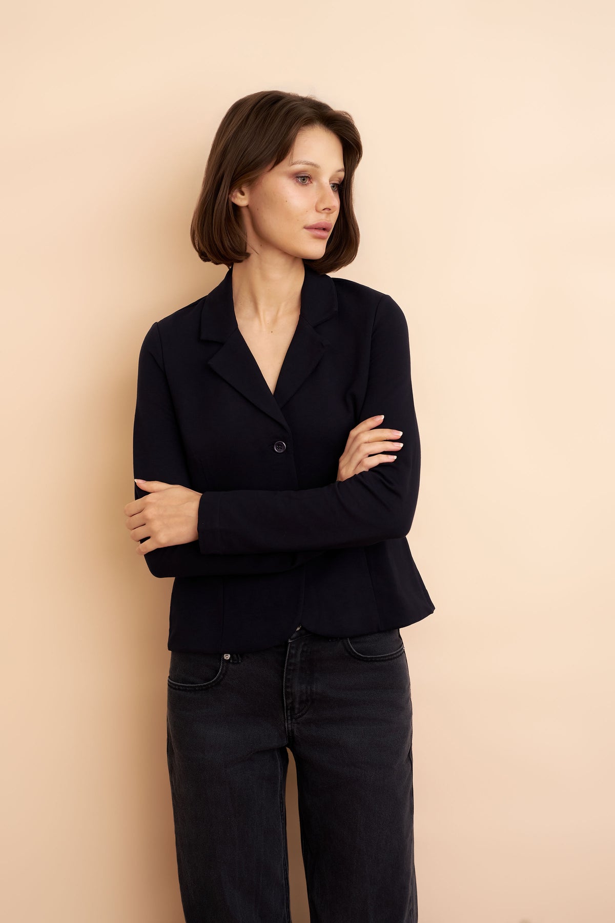 French Terry Crop Long Sleeve Three Button Blazer in Marine