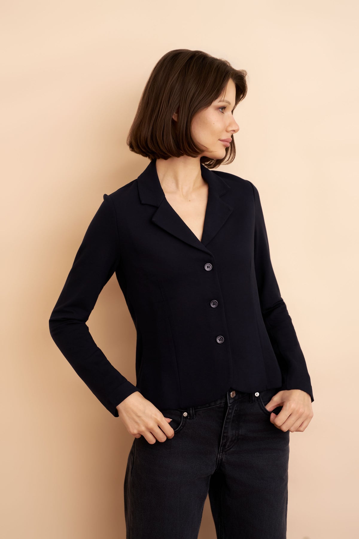 French Terry Crop Long Sleeve Three Button Blazer in Marine