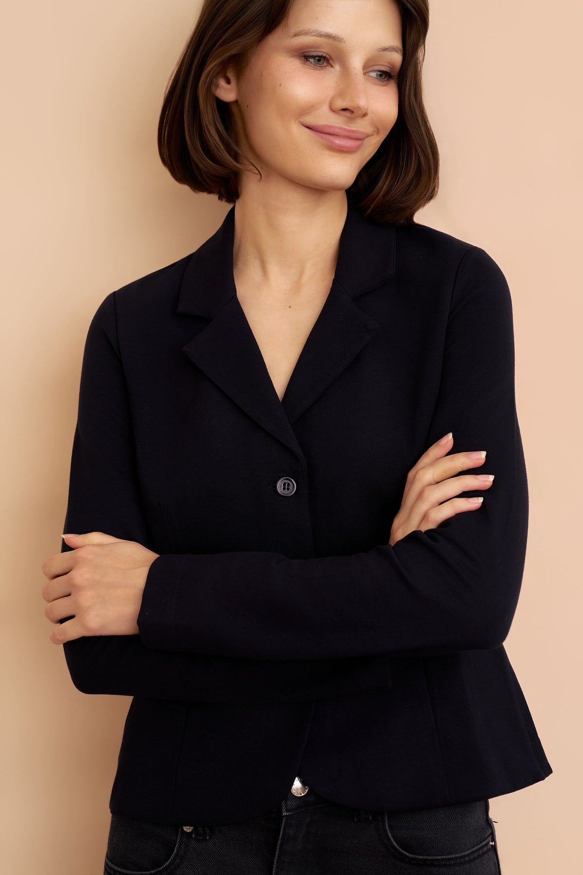 French Terry Crop Long Sleeve Three Button Blazer in Marine