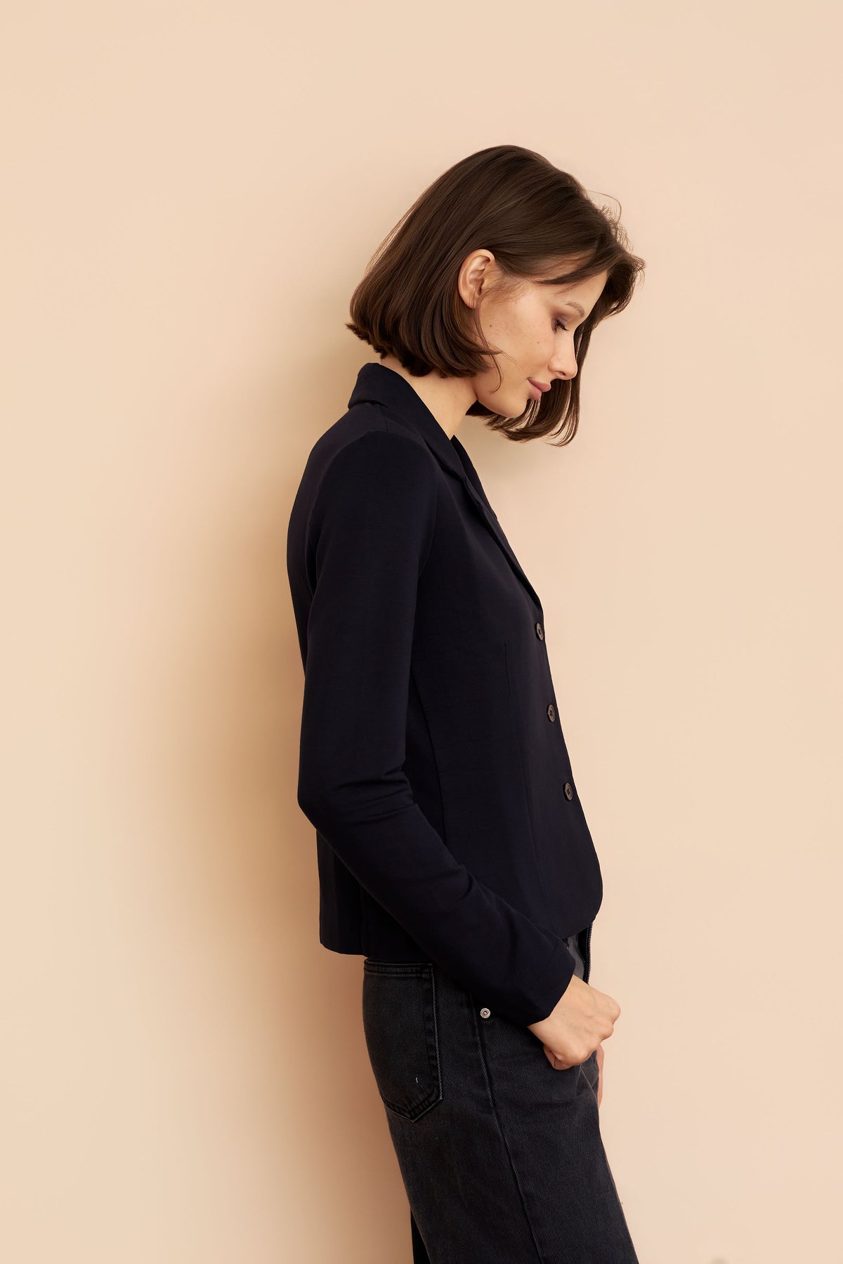 French Terry Crop Long Sleeve Three Button Blazer in Marine