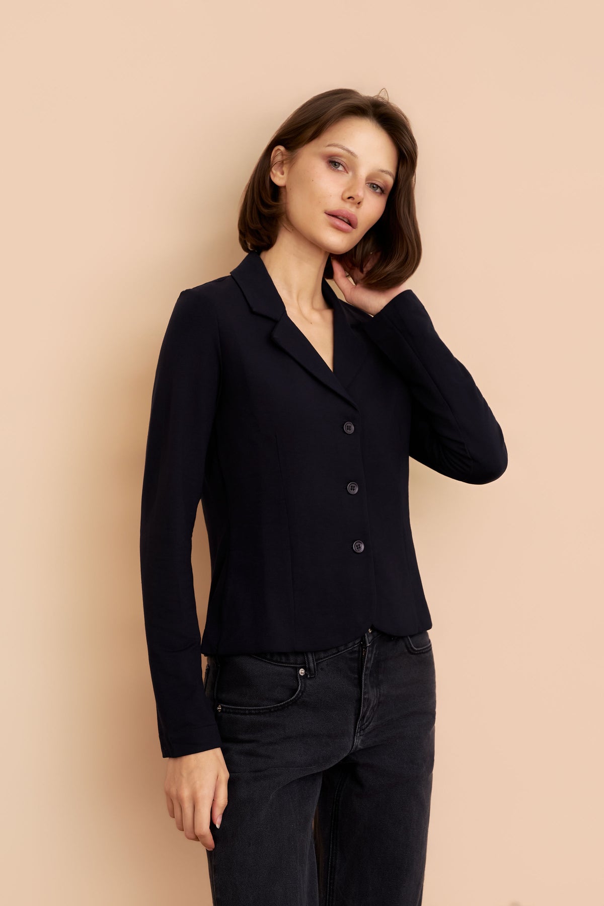French Terry Crop Long Sleeve Three Button Blazer in Marine
