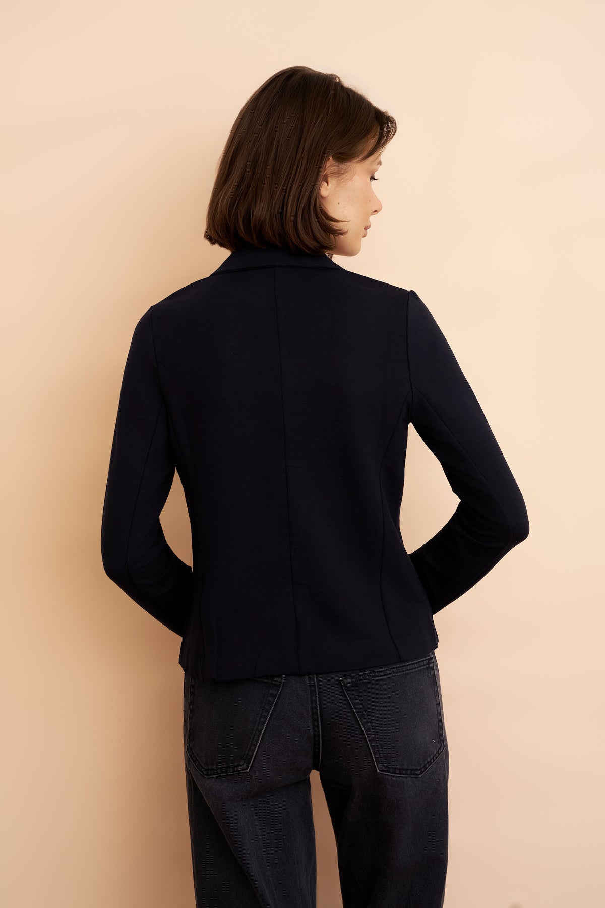 French Terry Crop Long Sleeve Three Button Blazer in Marine