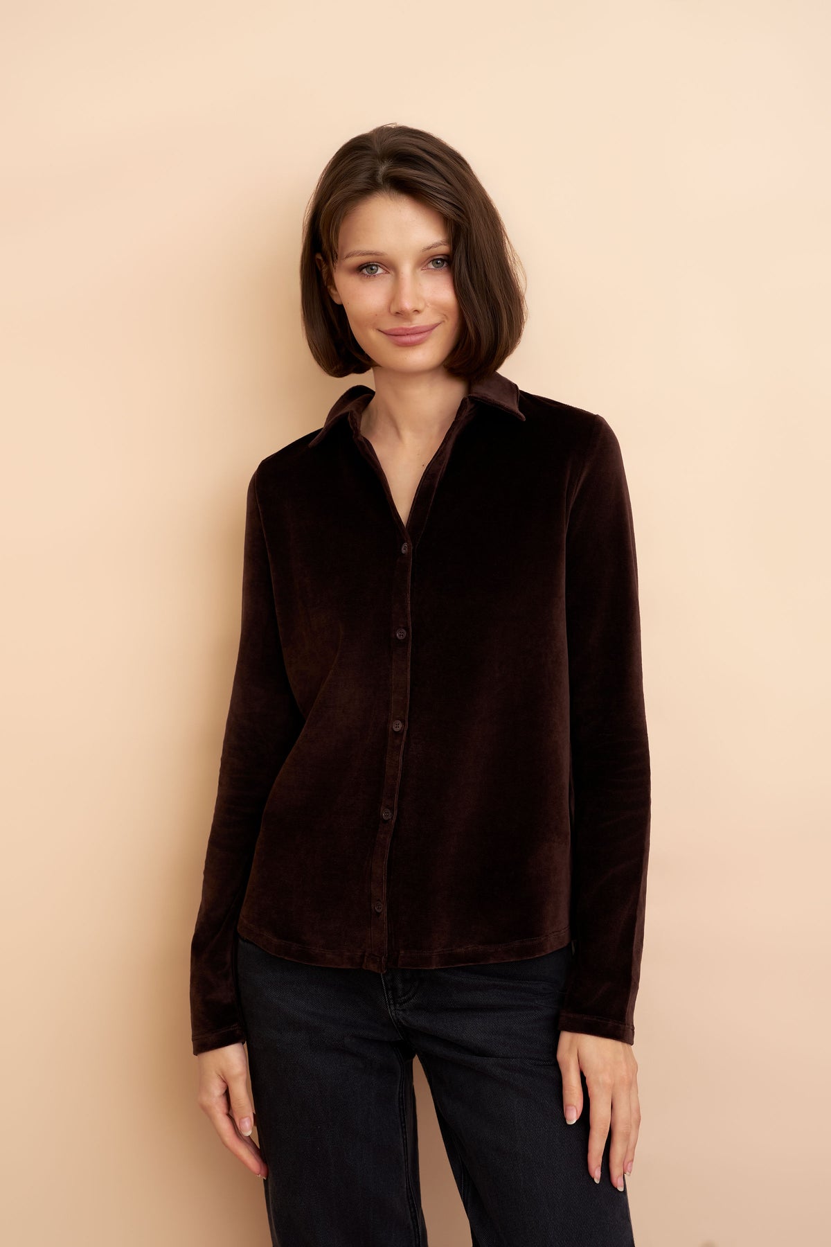 Velour Long Sleeve Shirt in Chocolate Mousse