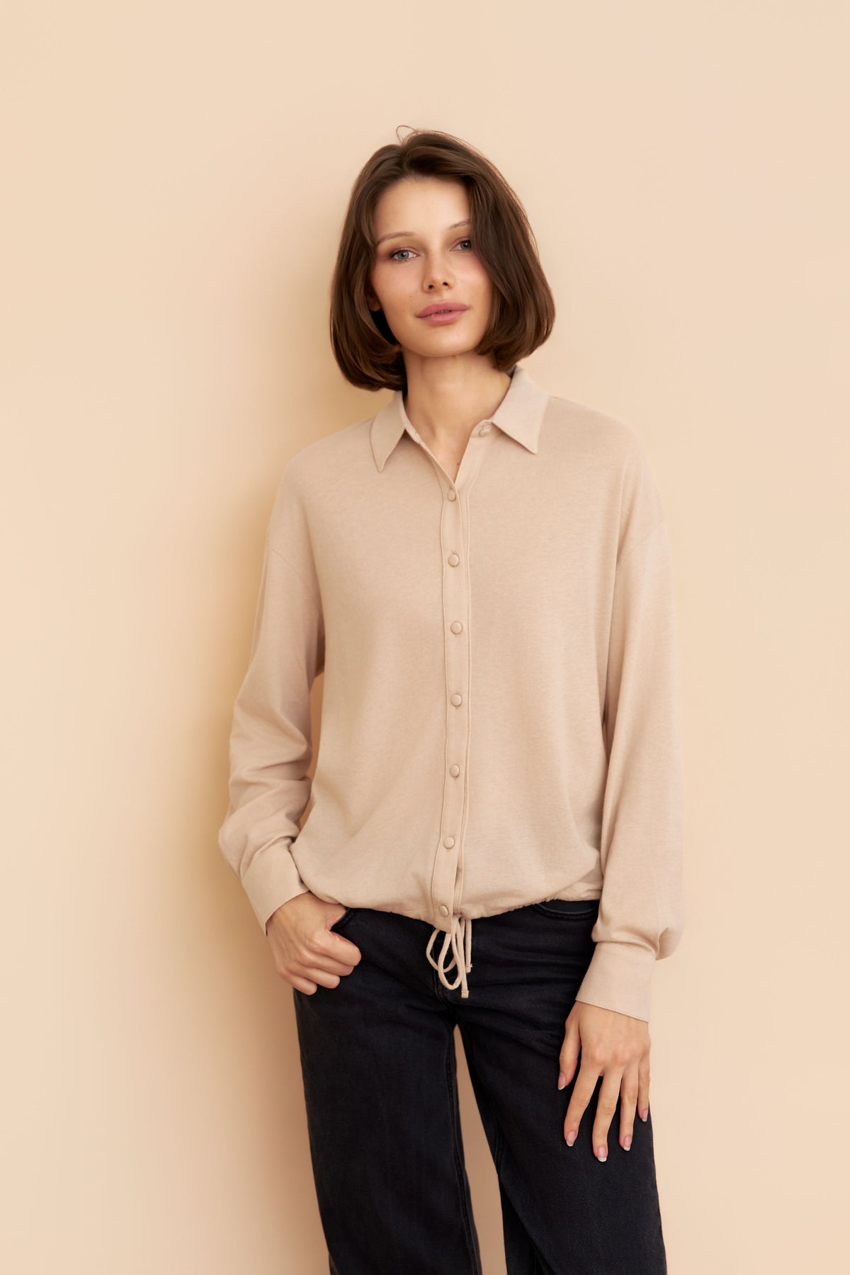 Cotton Cashmere Long Sleeve Relaxed Drawstring Shirt in Powder Blush
