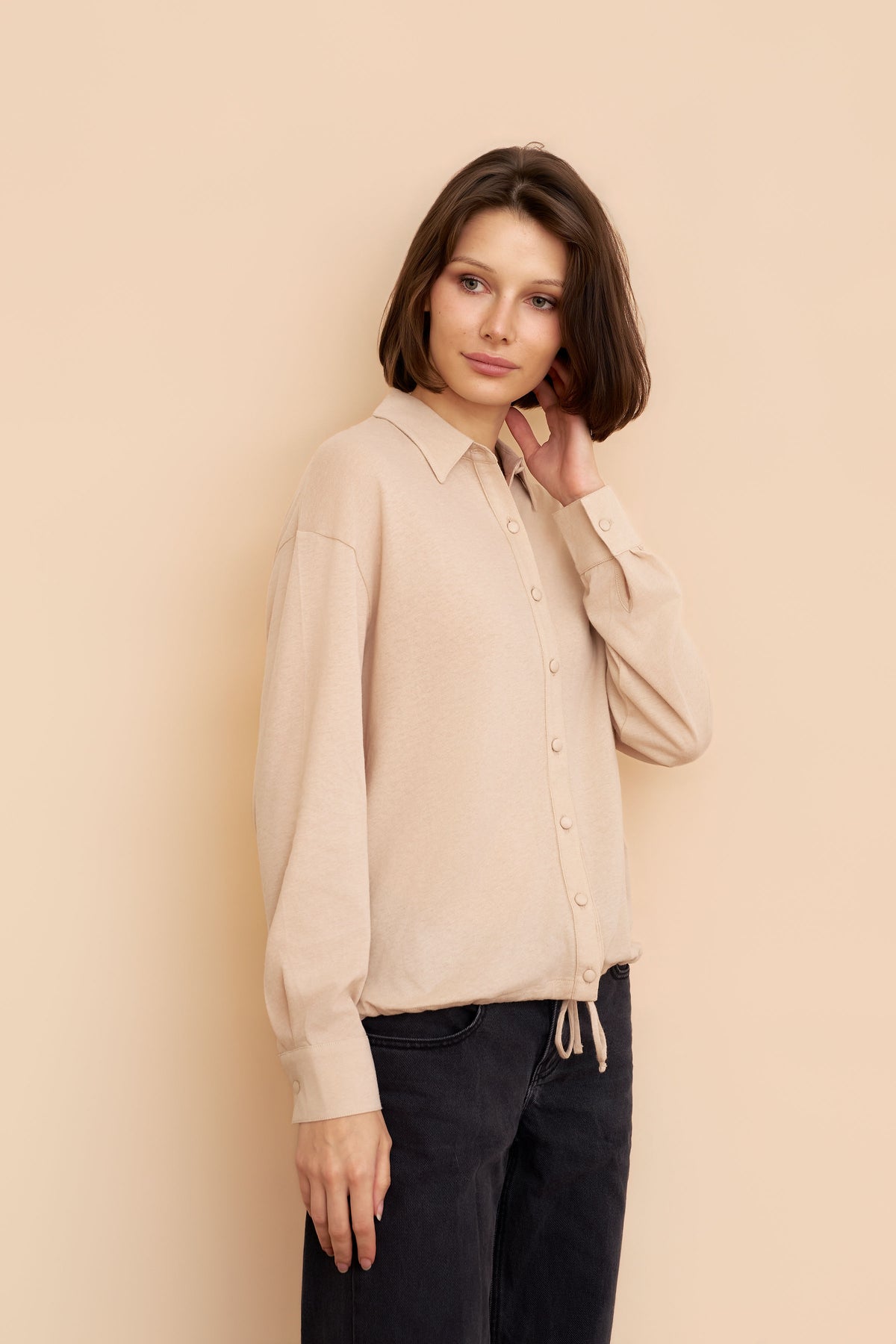 Cotton Cashmere Long Sleeve Relaxed Drawstring Shirt in Powder Blush