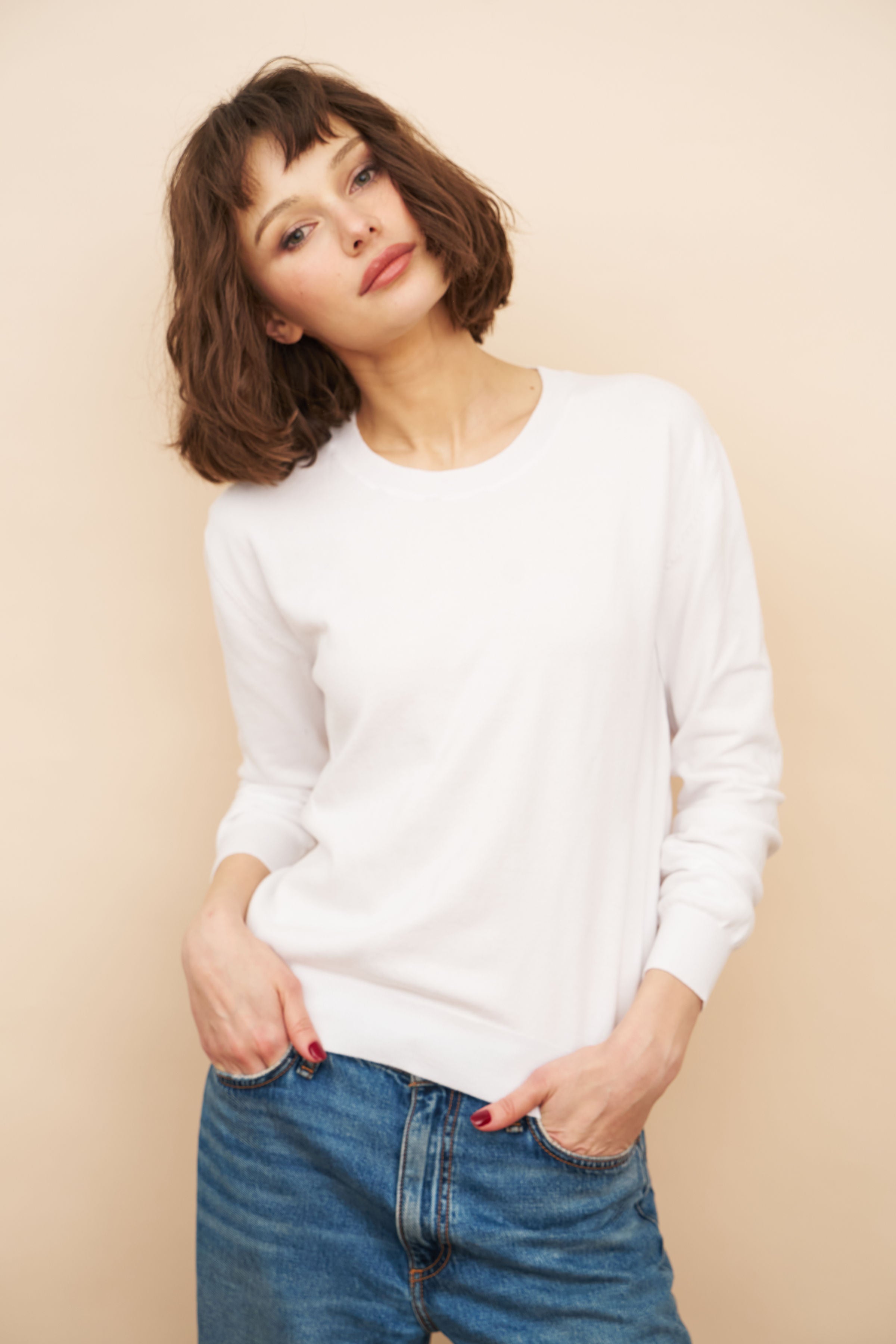 Organic Cotton Knit Long Sleeve Crewneck in Blanc