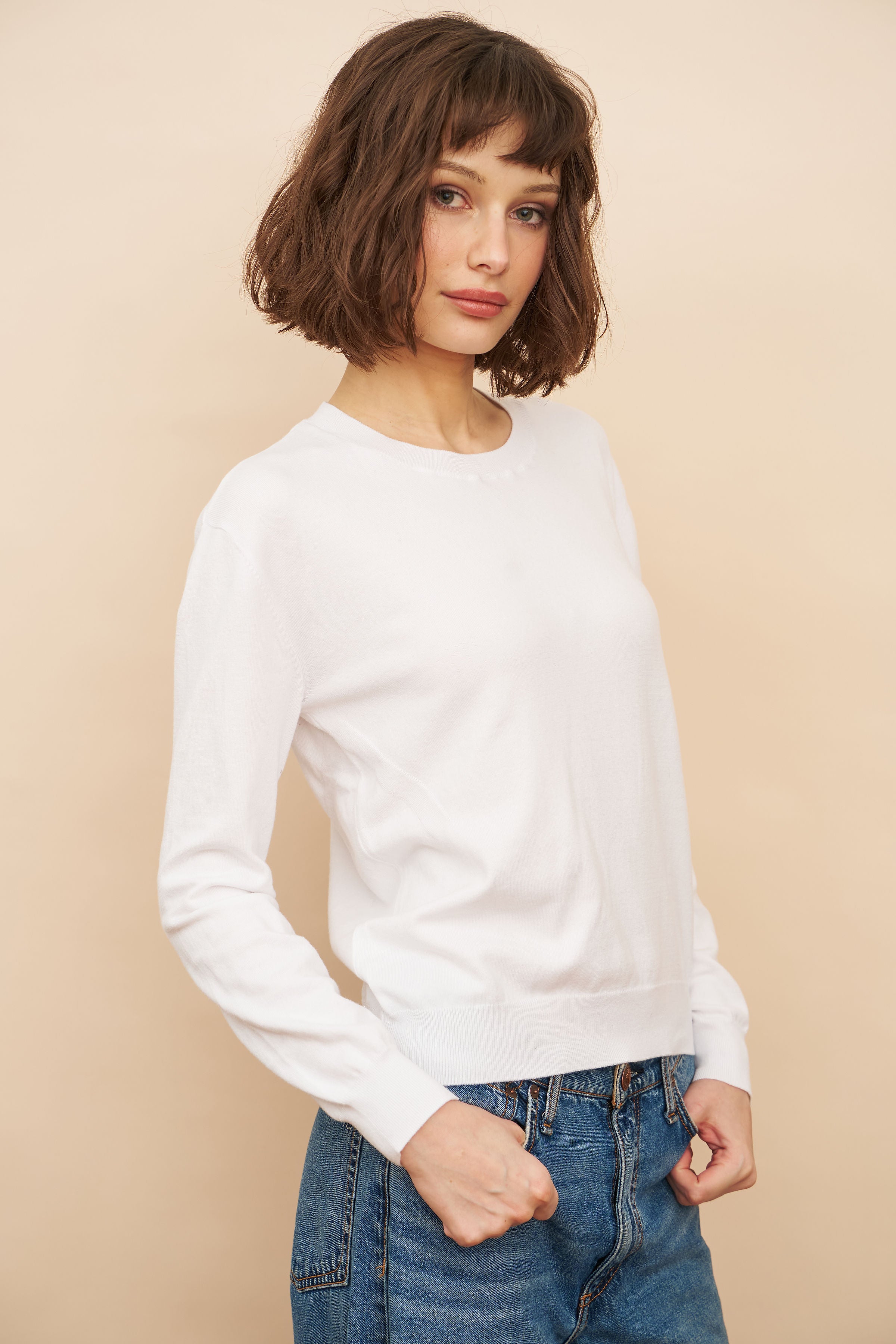 Organic Cotton Knit Long Sleeve Crewneck in Blanc