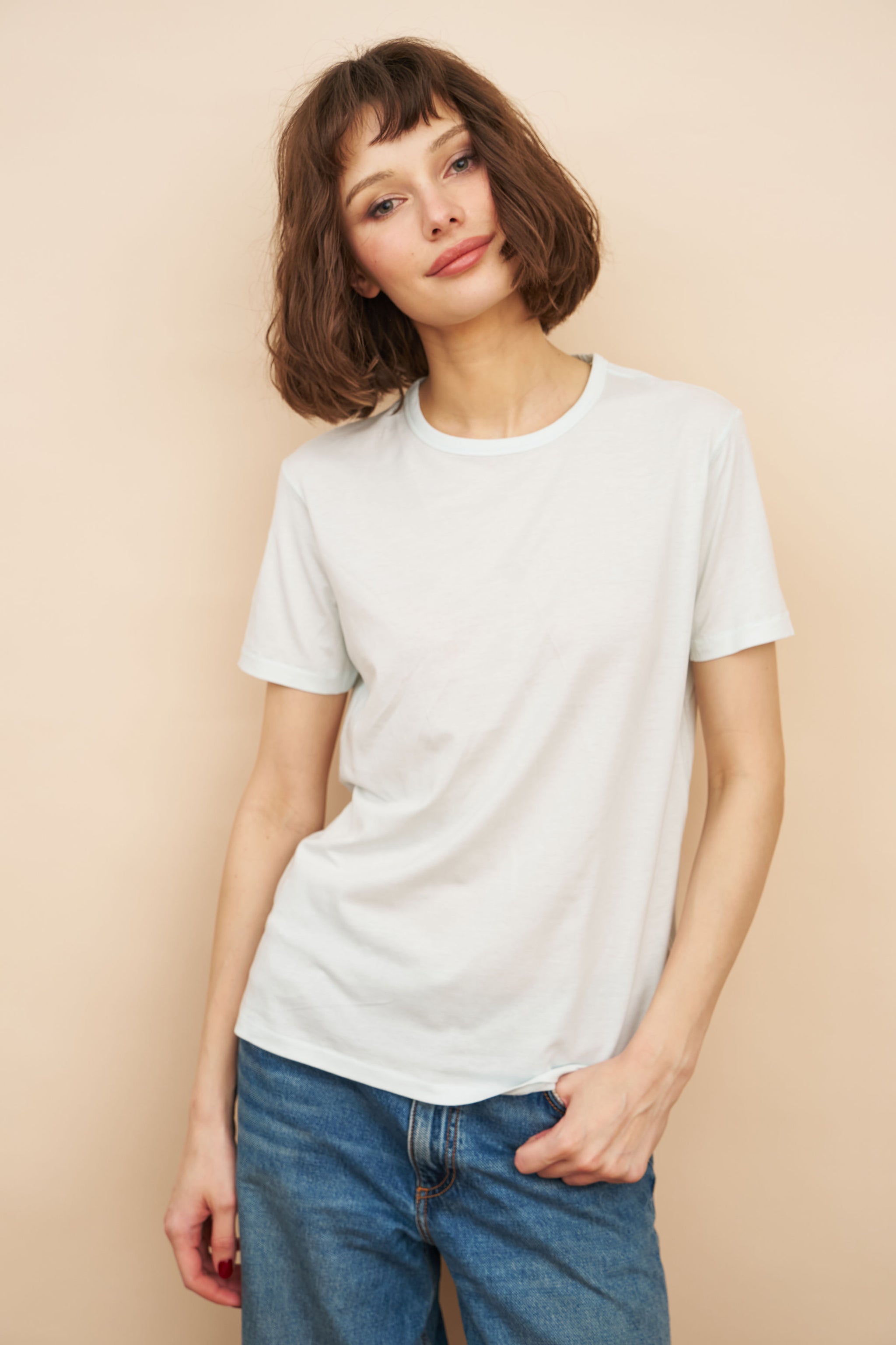 Majestic Lyocell Cotton Semi Relaxed Short Sleeve V-Neck in Petale main image 1