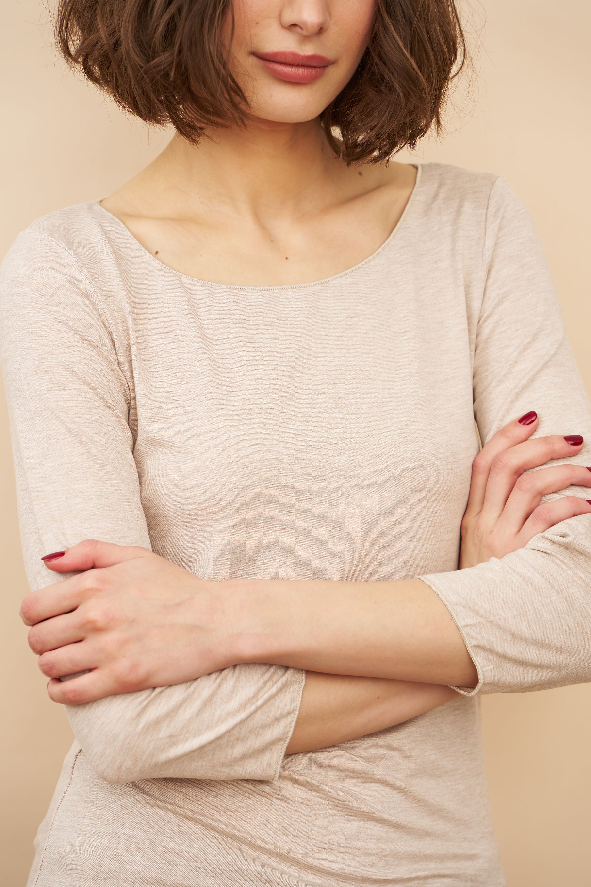 Majestic Soft Touch 3/4 Sleeve Merrow Edge Boatneck in Ecru Chine