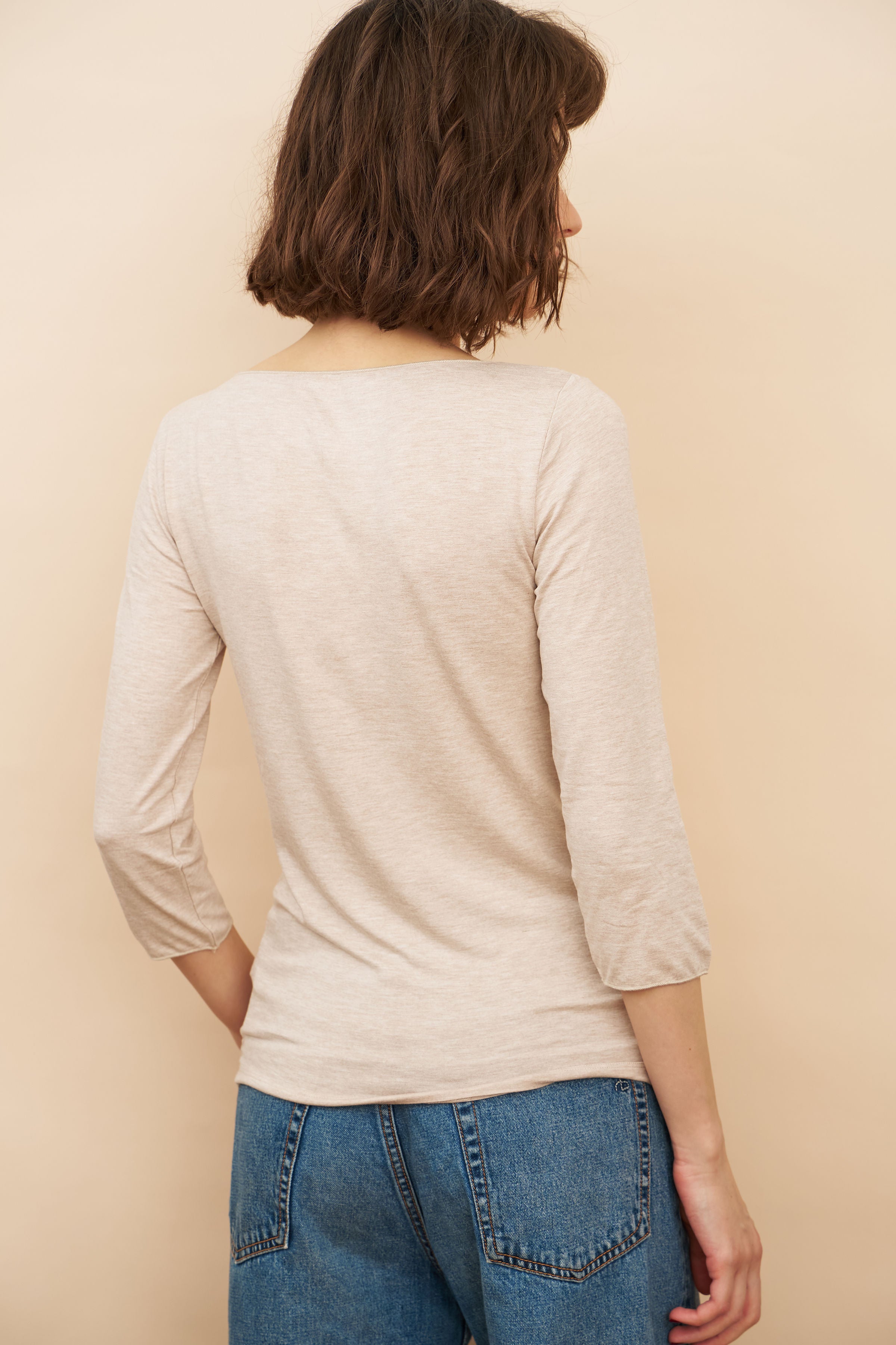 Majestic Soft Touch 3/4 Sleeve Merrow Edge Boatneck in Ecru Chine