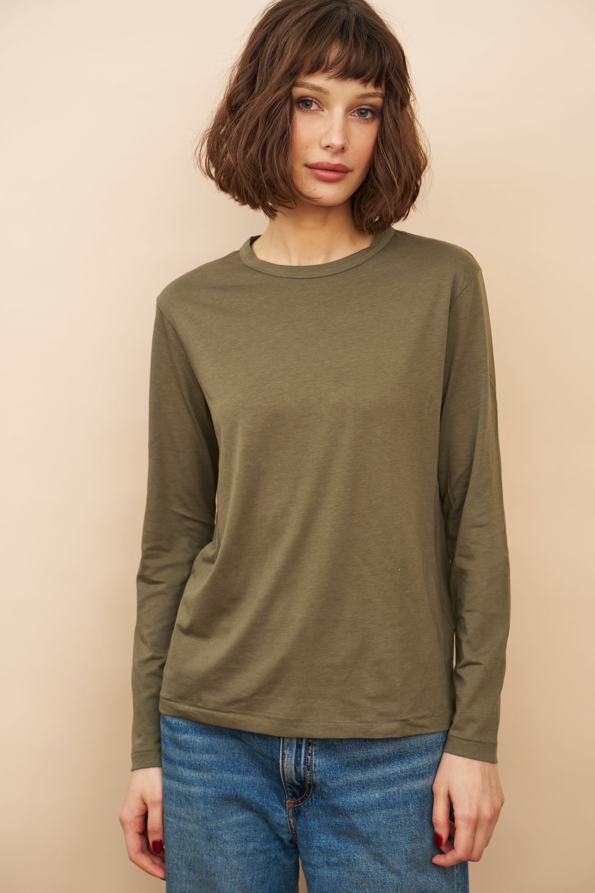 Lyocell Cotton Long Sleeve Semi Relaxed Crewneck in Lichen
