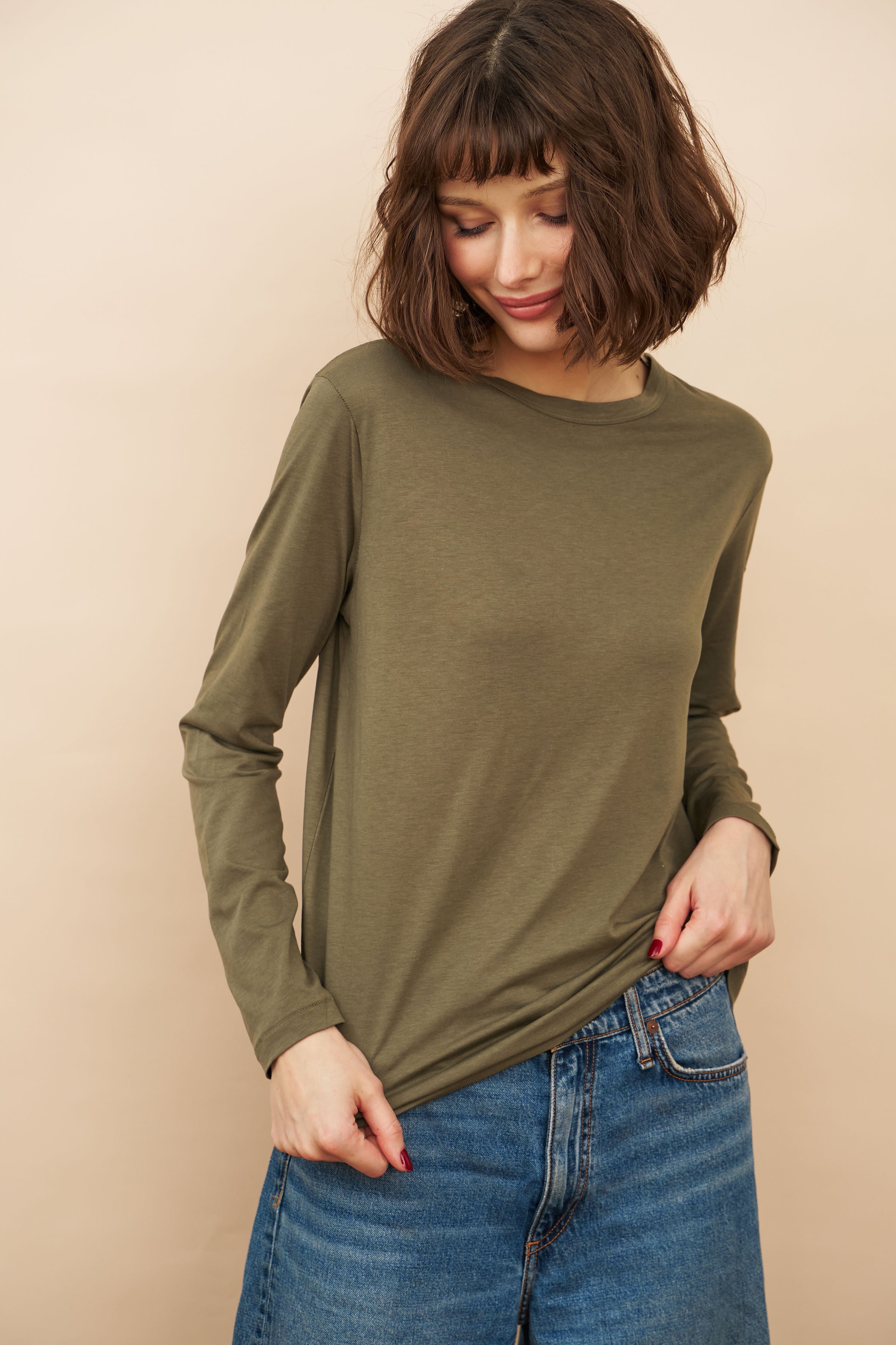 Lyocell Cotton Long Sleeve Semi Relaxed Crewneck in Lichen