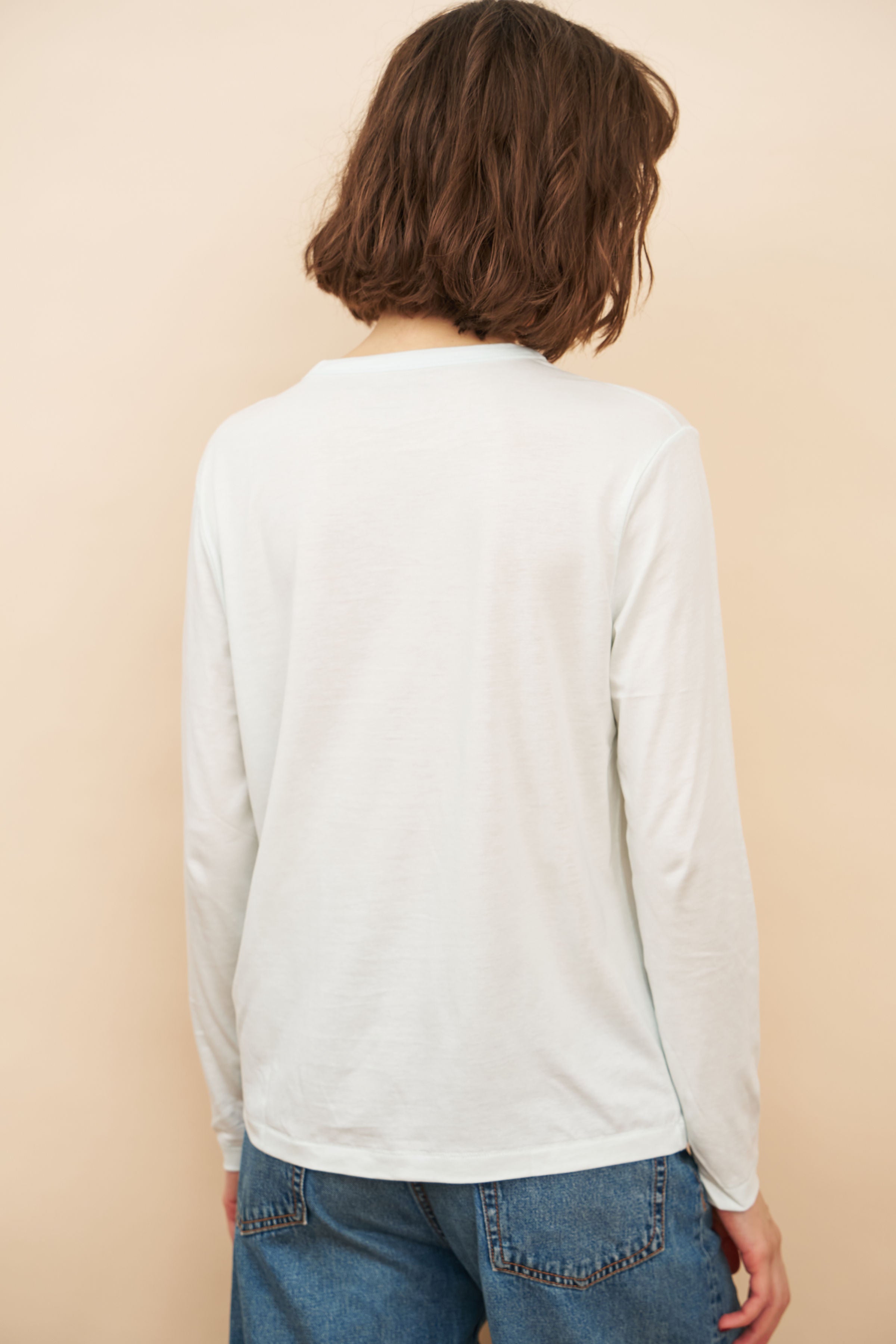 Lyocell Cotton Long Sleeve Semi Relaxed Crewneck in Ciel