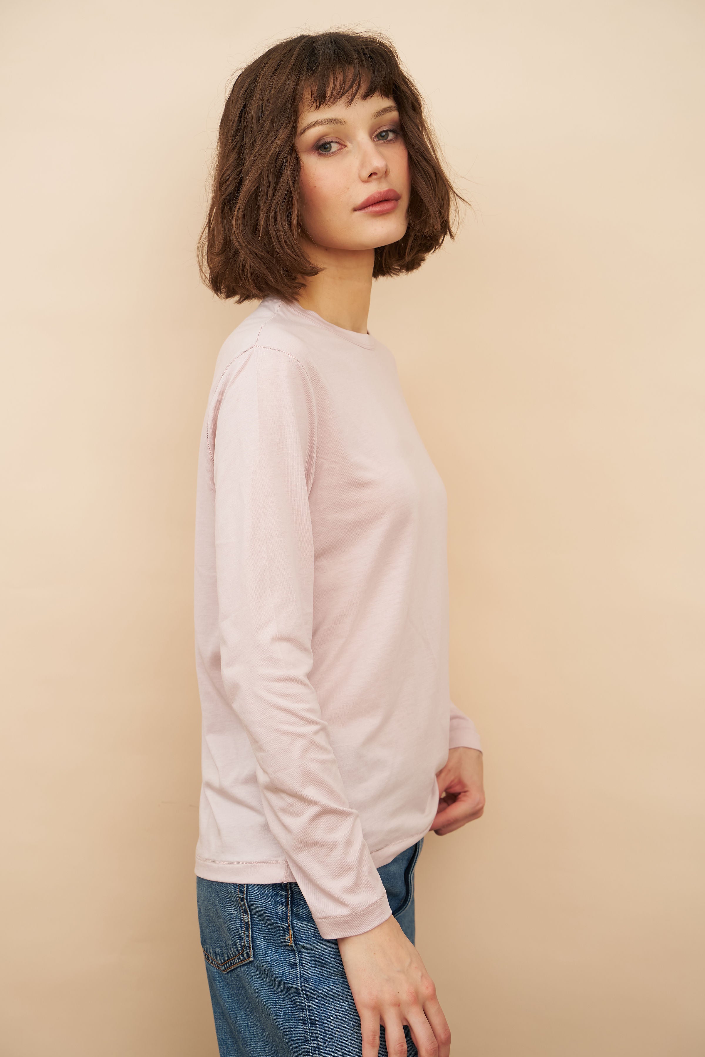 Lyocell Cotton Long Sleeve Semi Relaxed Crewneck in Glycine