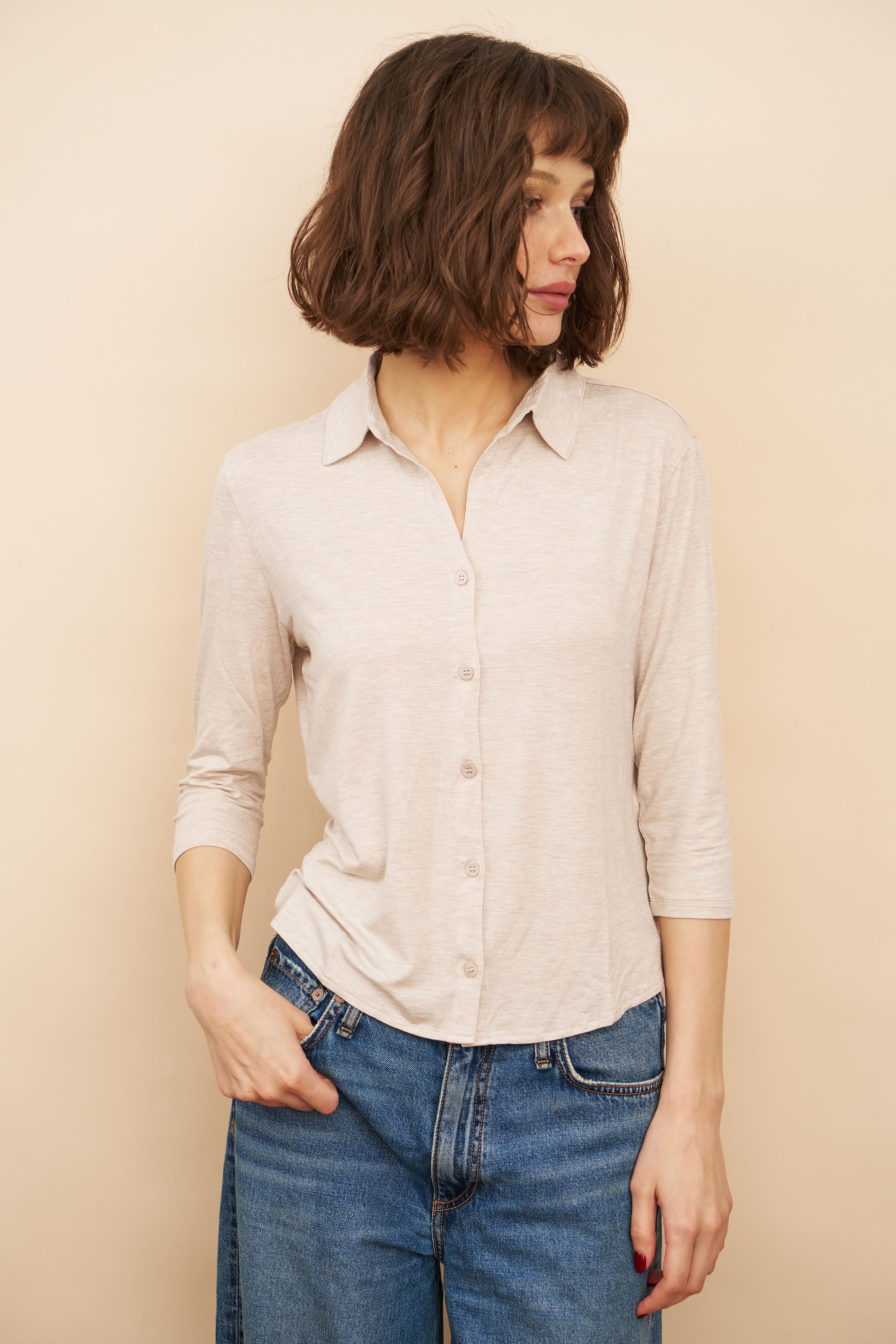 Soft Touch 3/4 Sleeve Semi Relaxed Shirt in Ecru Chine