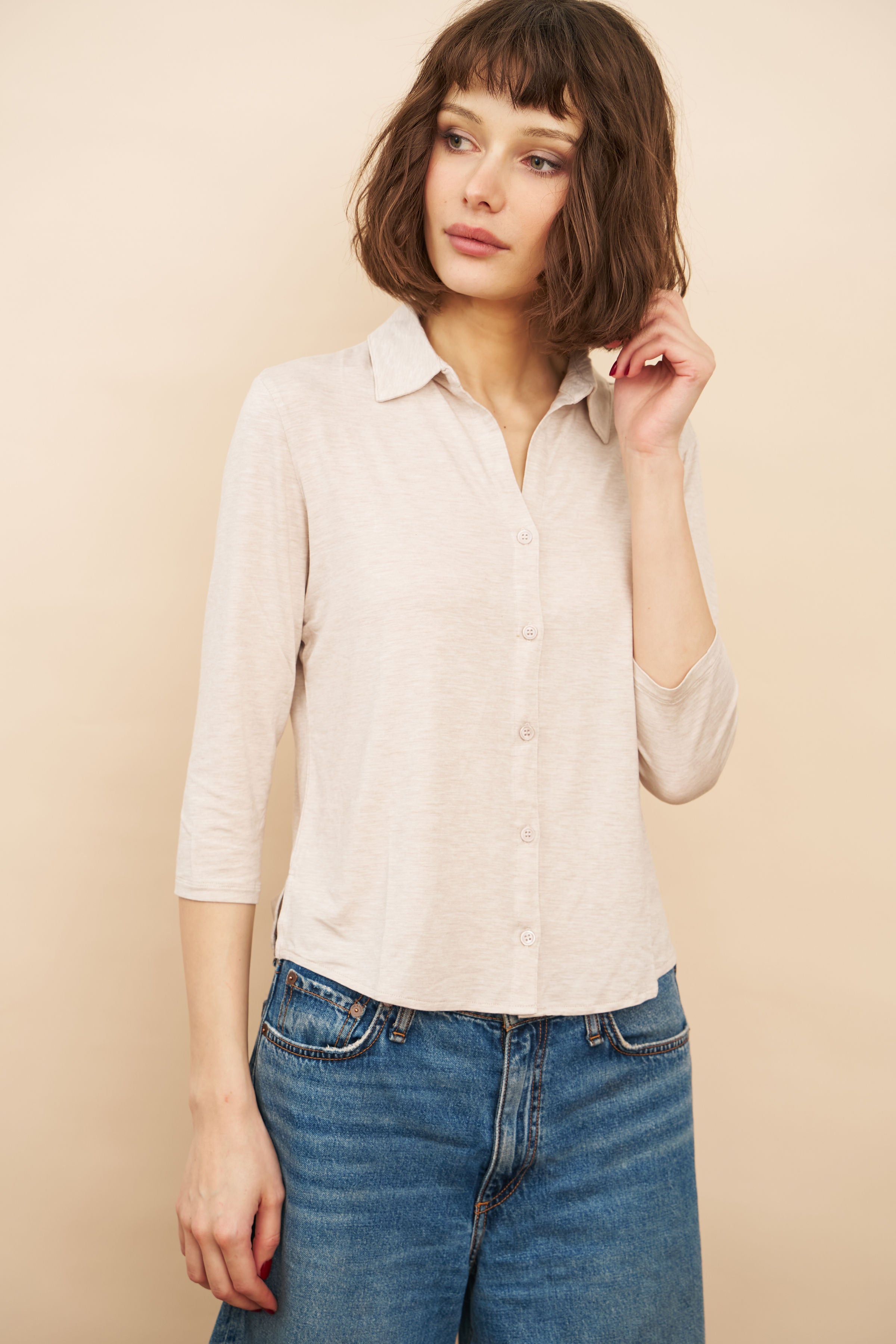 Soft Touch 3/4 Sleeve Semi Relaxed Shirt in Ecru Chine