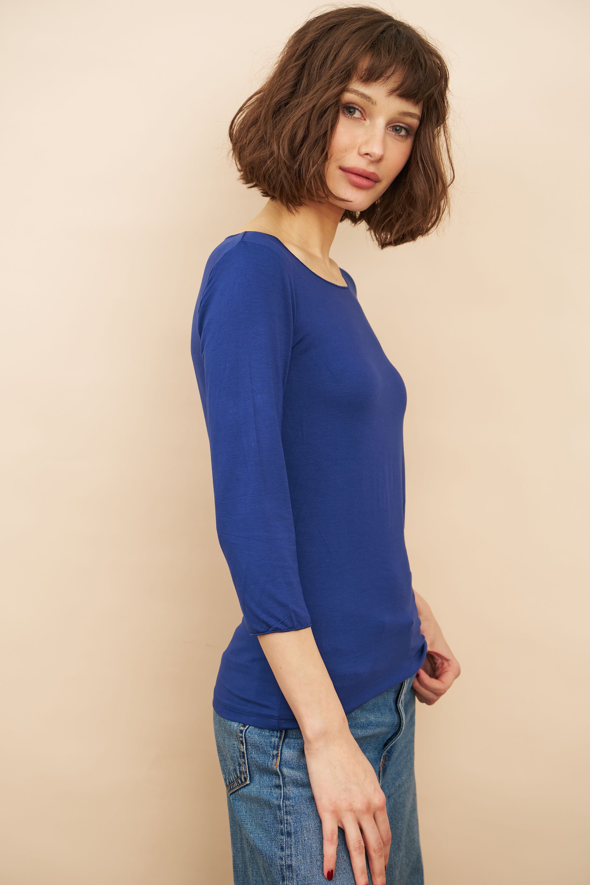 Majestic Soft Touch 3/4 Sleeve Merrow Edge Boatneck in Abyss