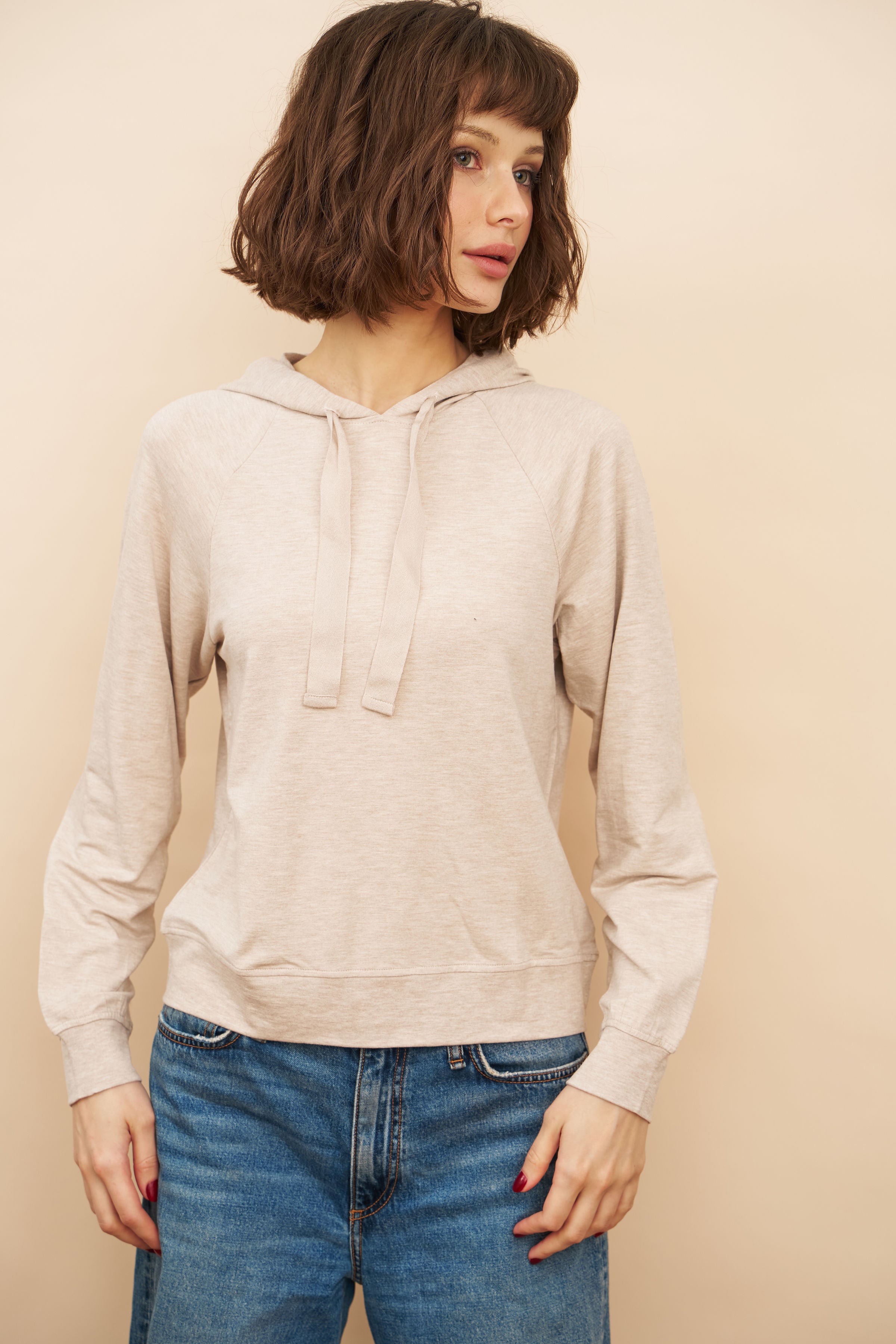 French Terry Long Sleeve Hoodie in Ecru Chine