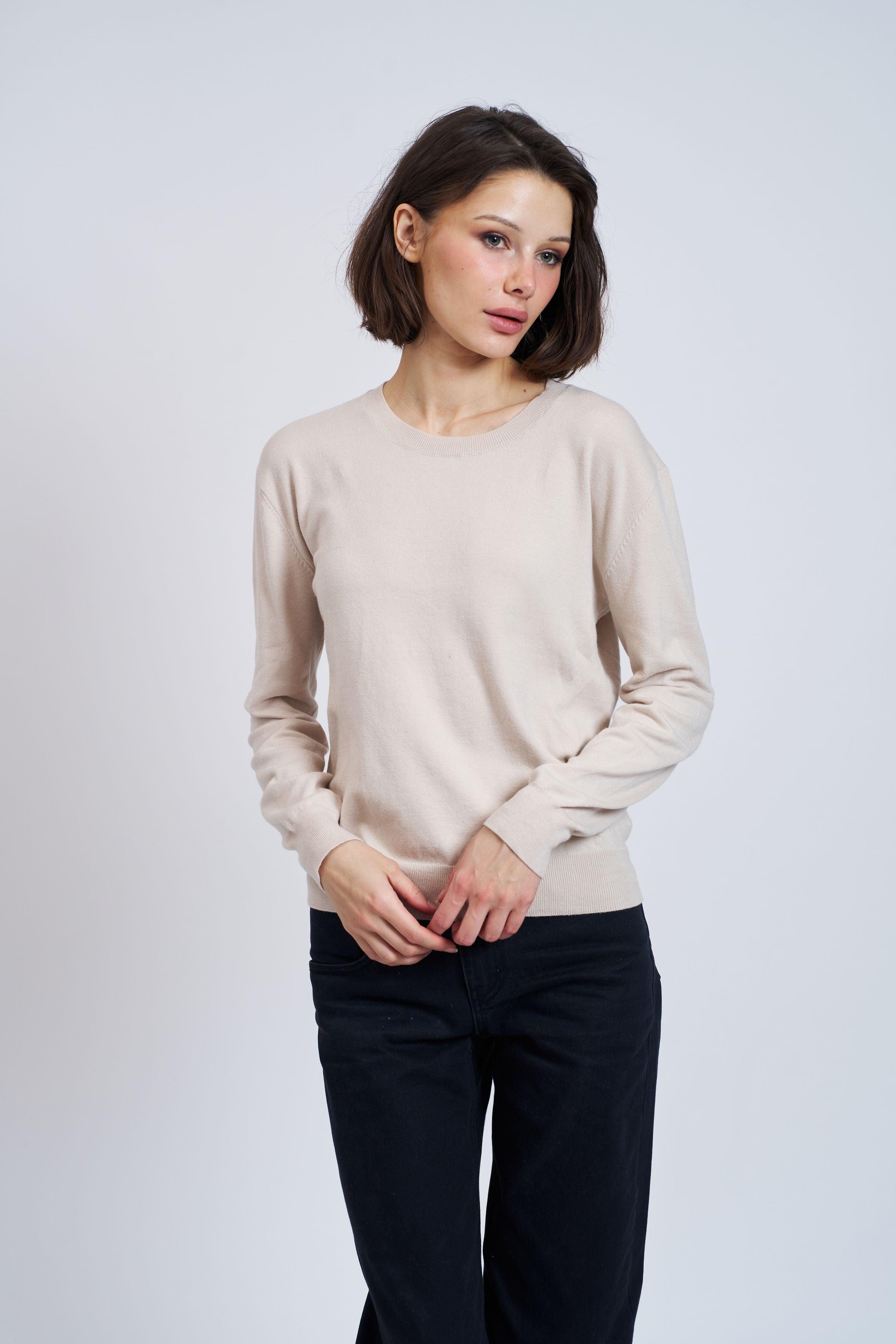 Organic Cotton Knit Long Sleeve Crewneck in Chalk