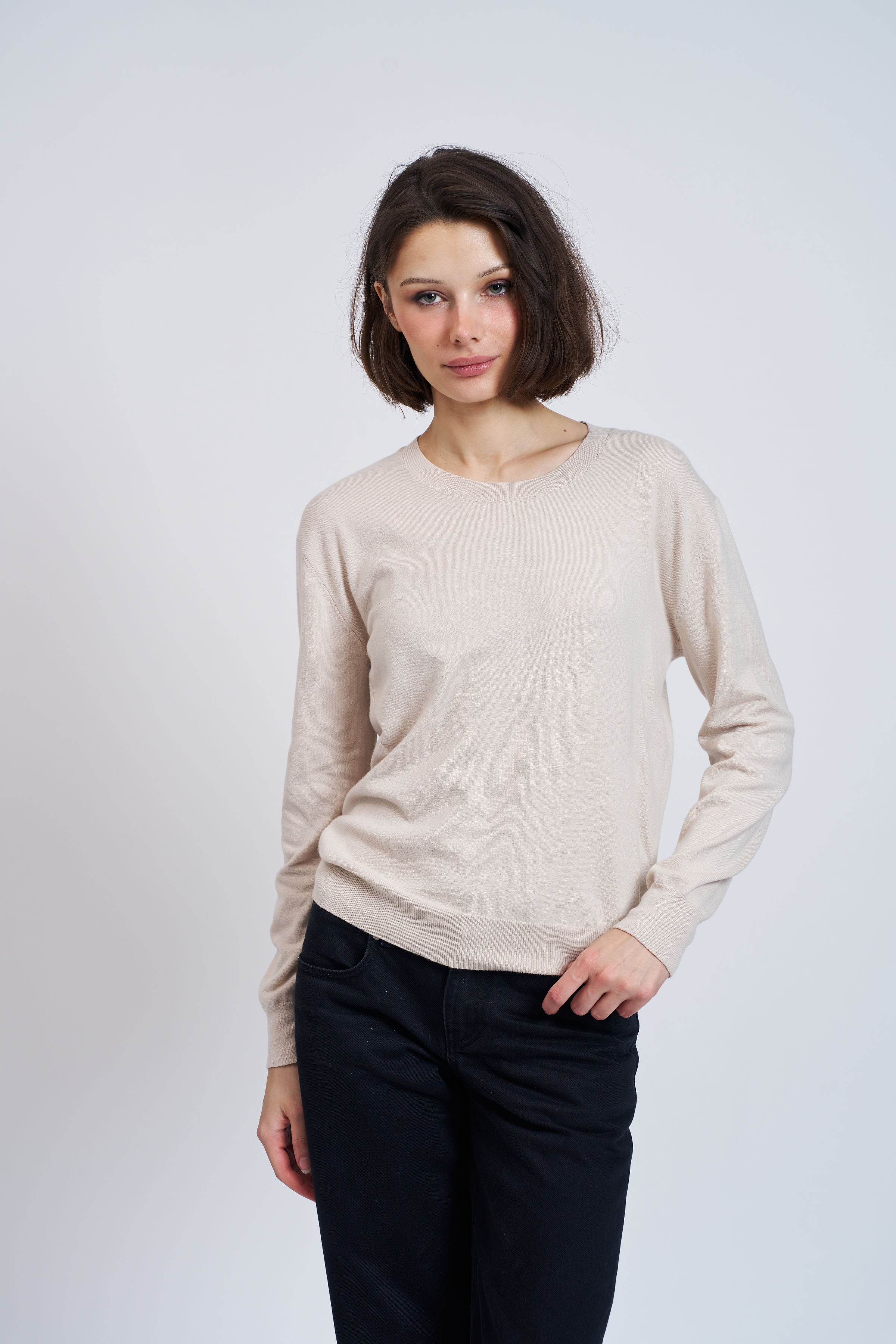 Organic Cotton Knit Long Sleeve Crewneck in Chalk