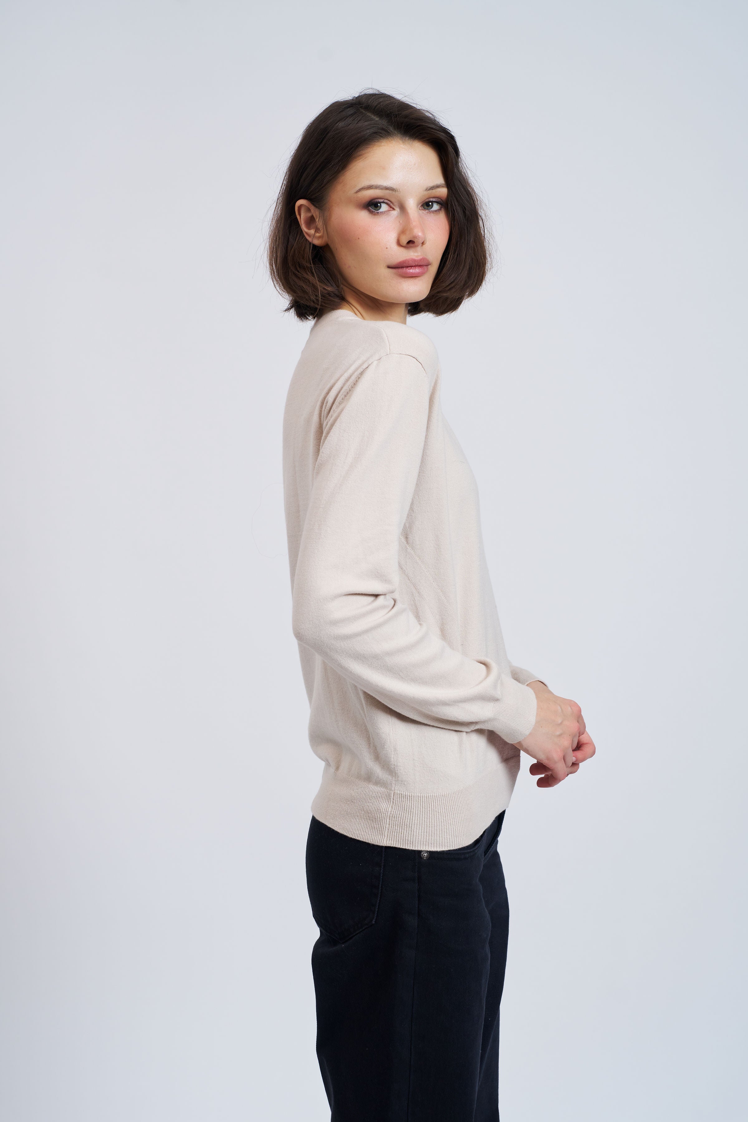 Organic Cotton Knit Long Sleeve Crewneck in Chalk