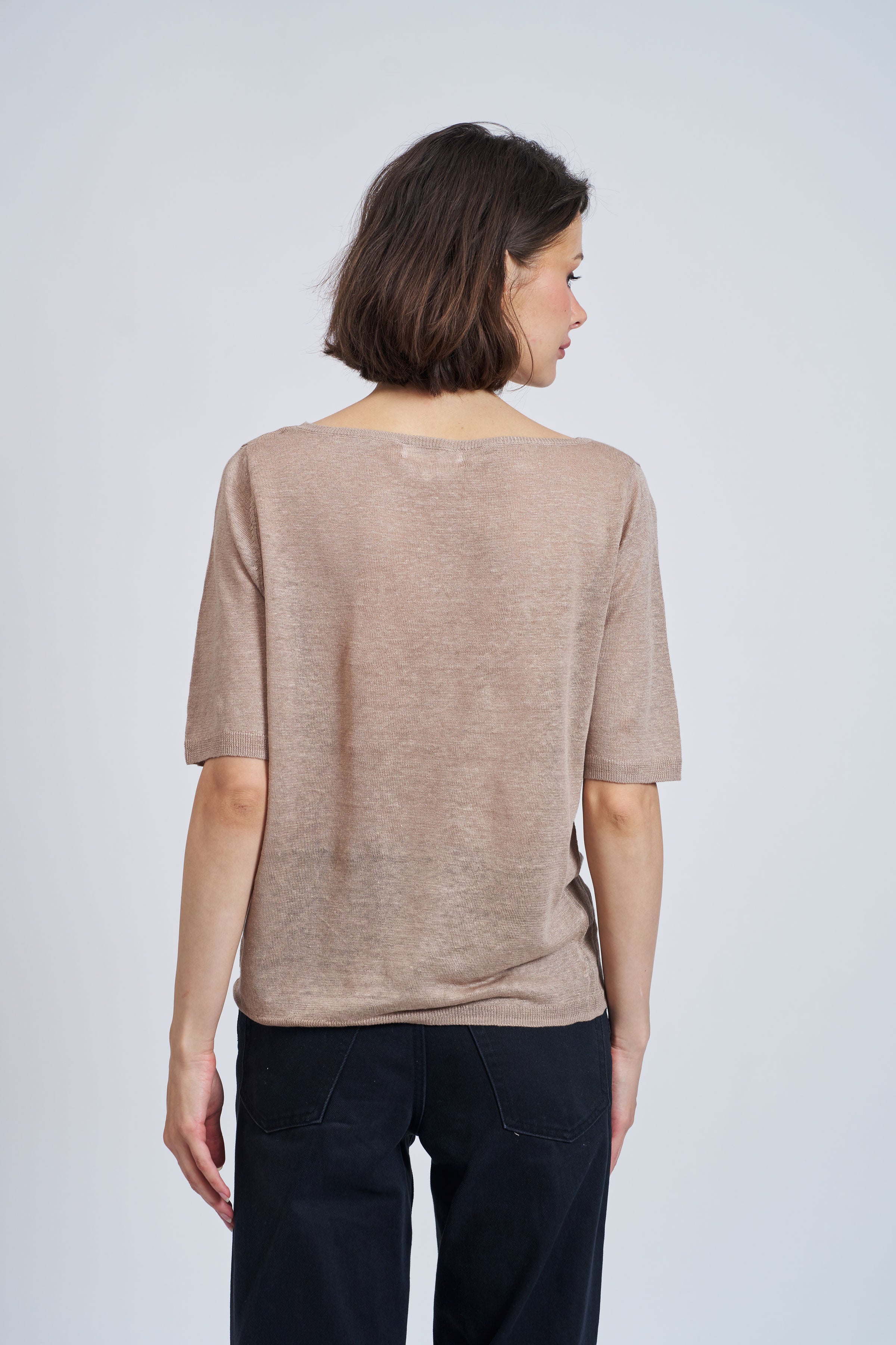 Linen Elbow Sleeve Boat Neck Tee in Desert