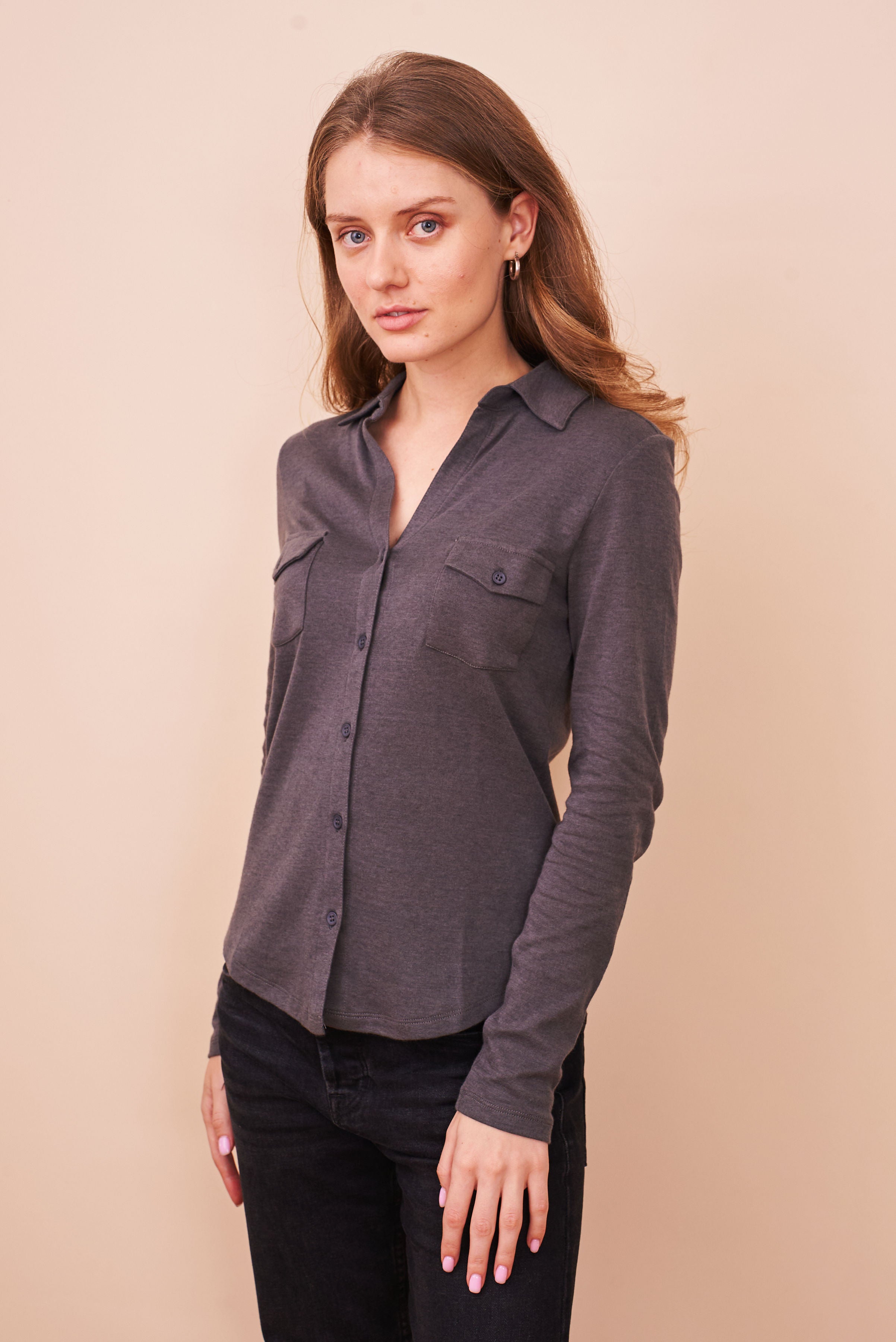 Cotton Cashmere Double Face Long Sleeve Pocket Shirt in Crepuscule