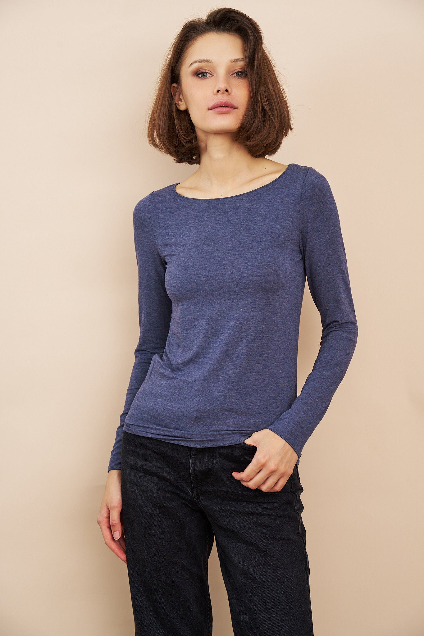 Majestic Soft Touch Long Sleeve Boatneck in Blue Denim