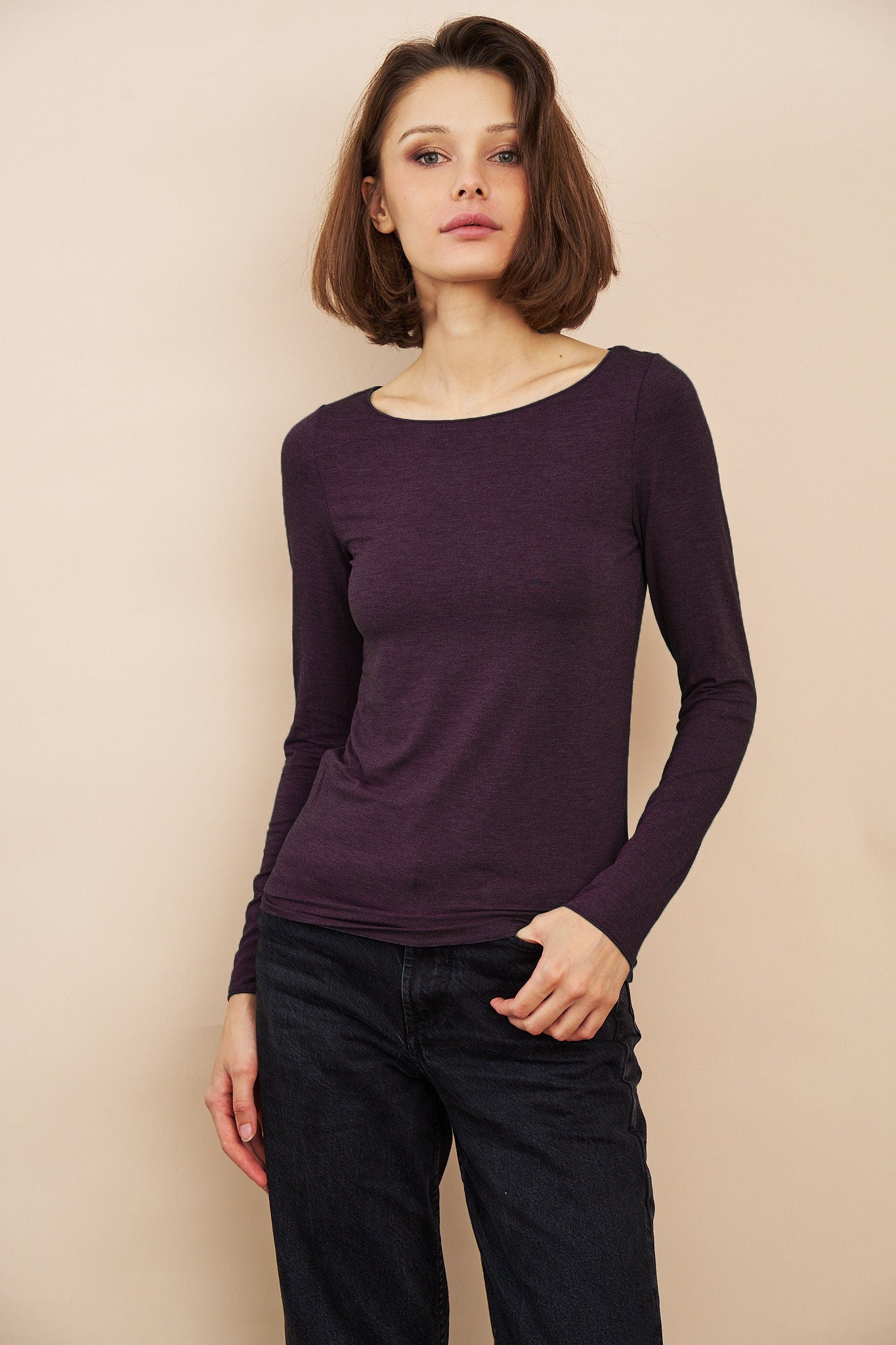 Majestic Soft Touch Long Sleeve Boatneck in Aubergine