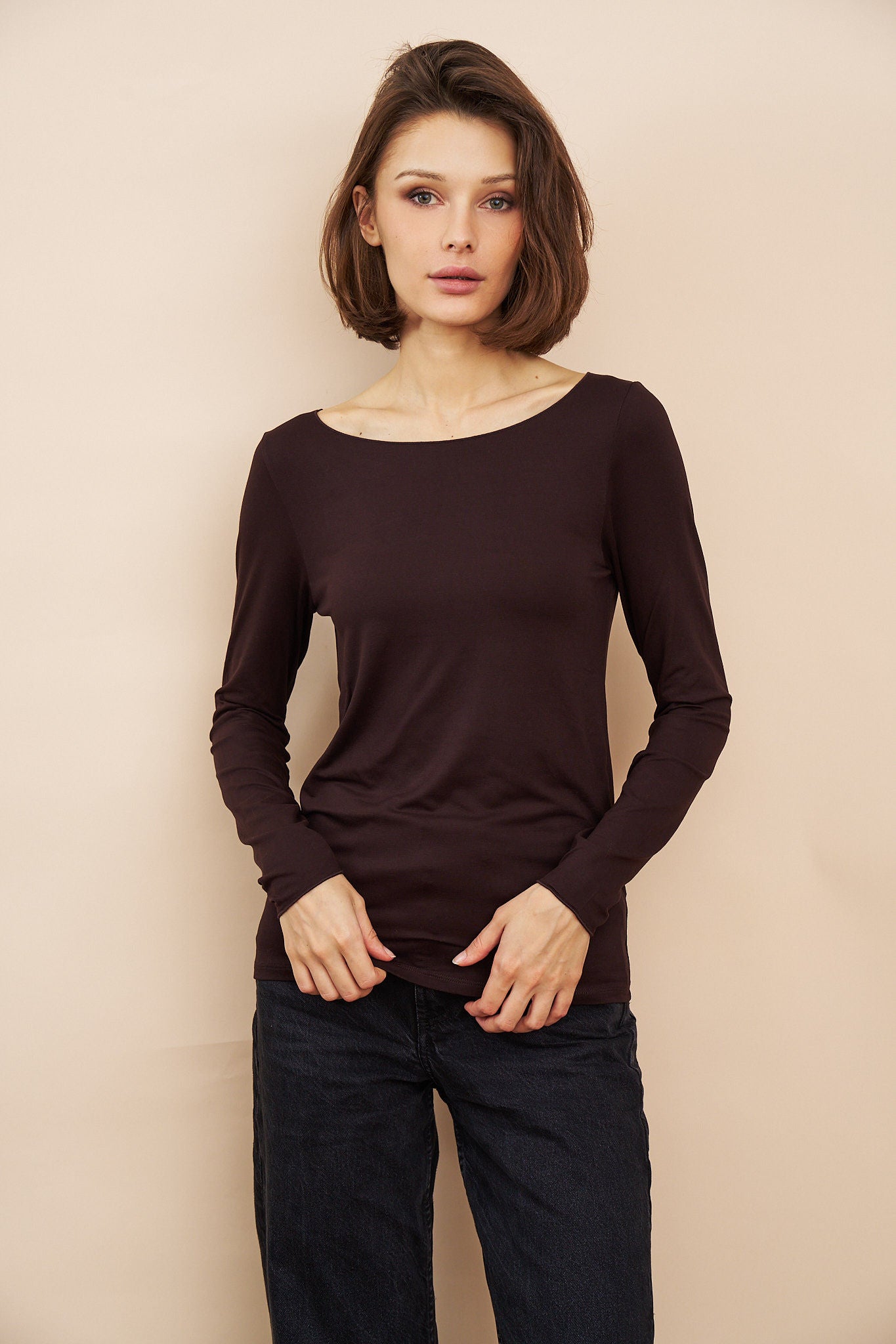 Majestic Soft Touch Long Sleeve Boatneck in Coffee