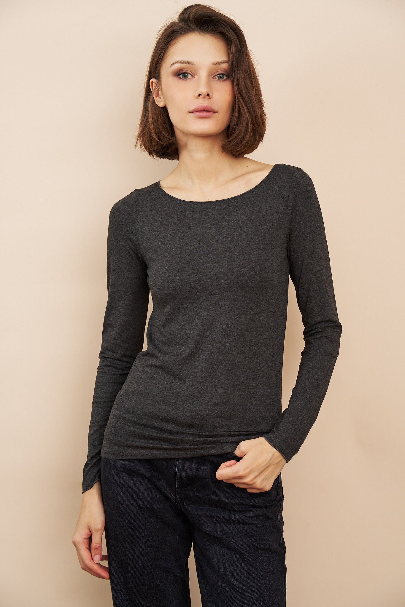 Majestic Soft Touch Long Sleeve Boatneck in Anthracite Chine