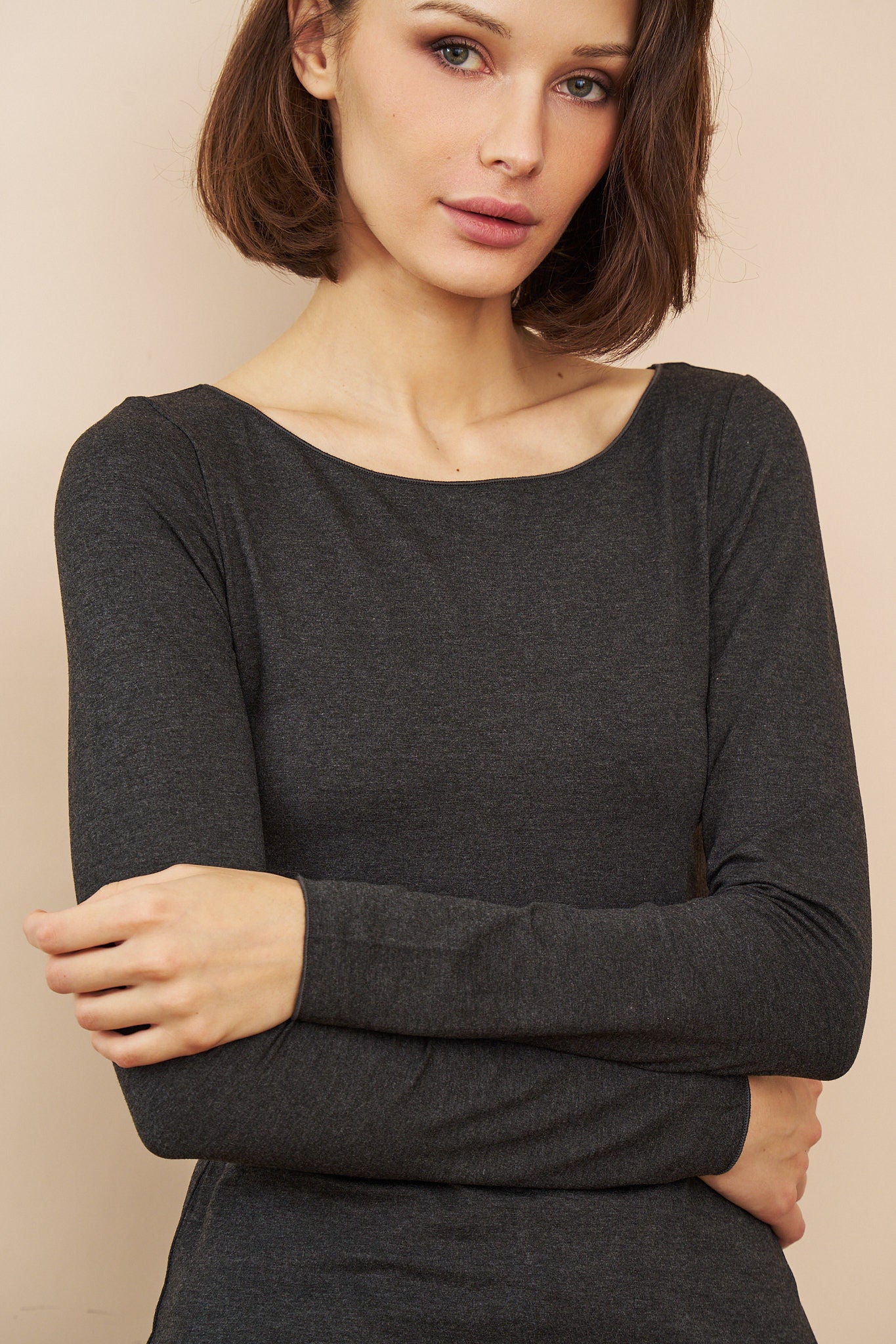 Majestic Soft Touch Long Sleeve Boatneck in Anthracite Chine