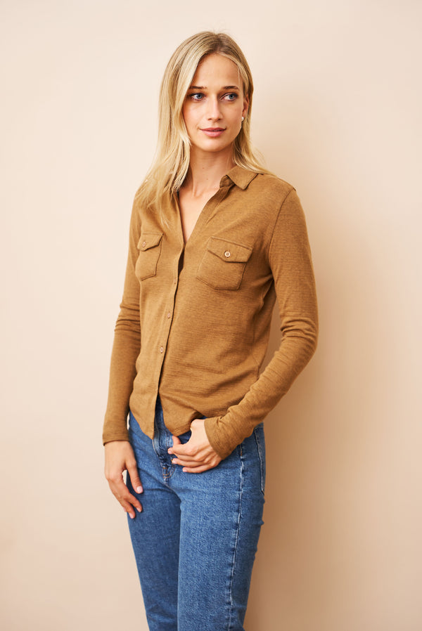Majestic Double Face Cotton/Cashmere Pocket Shirt in Camel