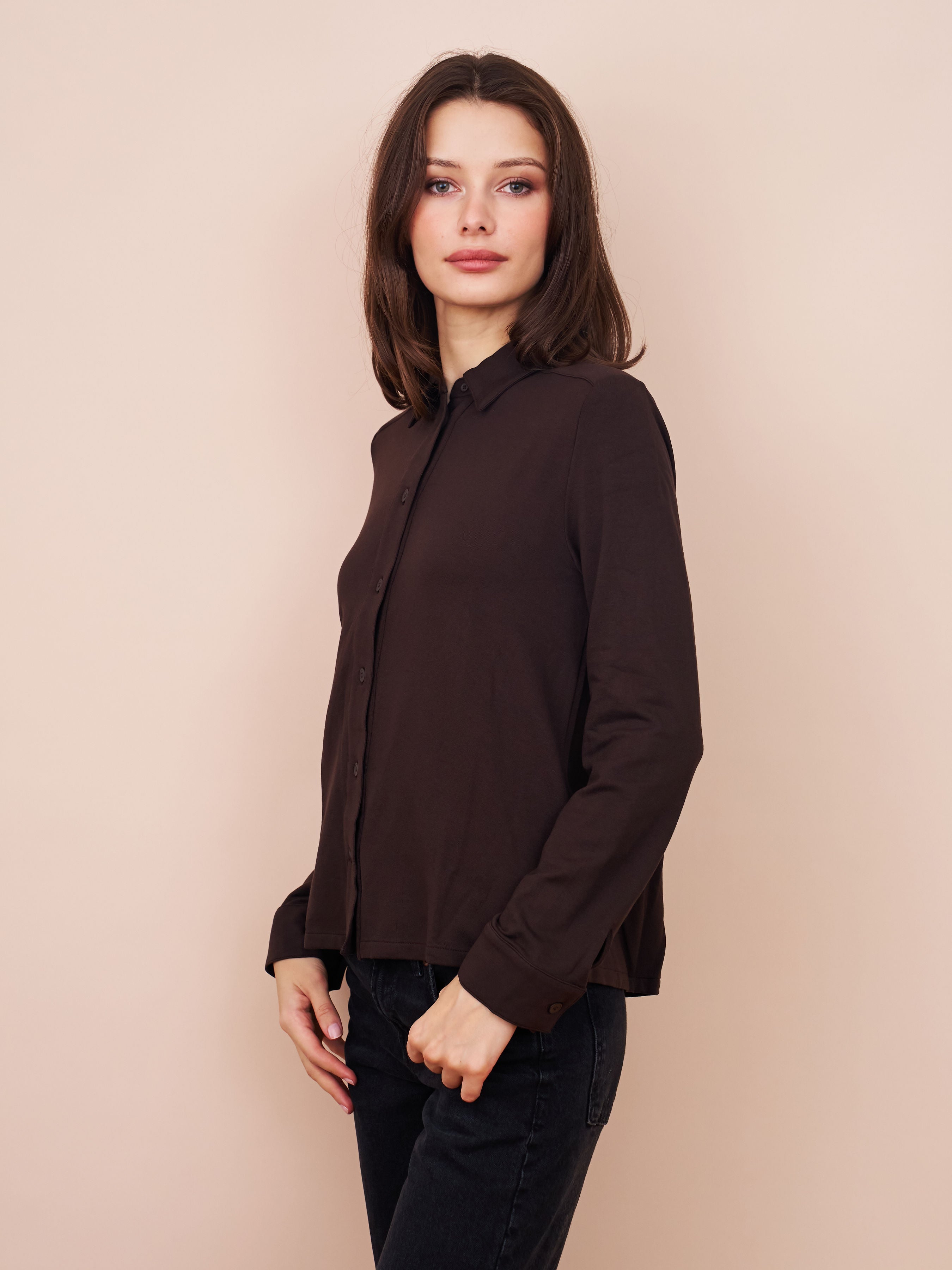 Majestic French Terry Long Sleeve Relaxed Shirt in Coffee