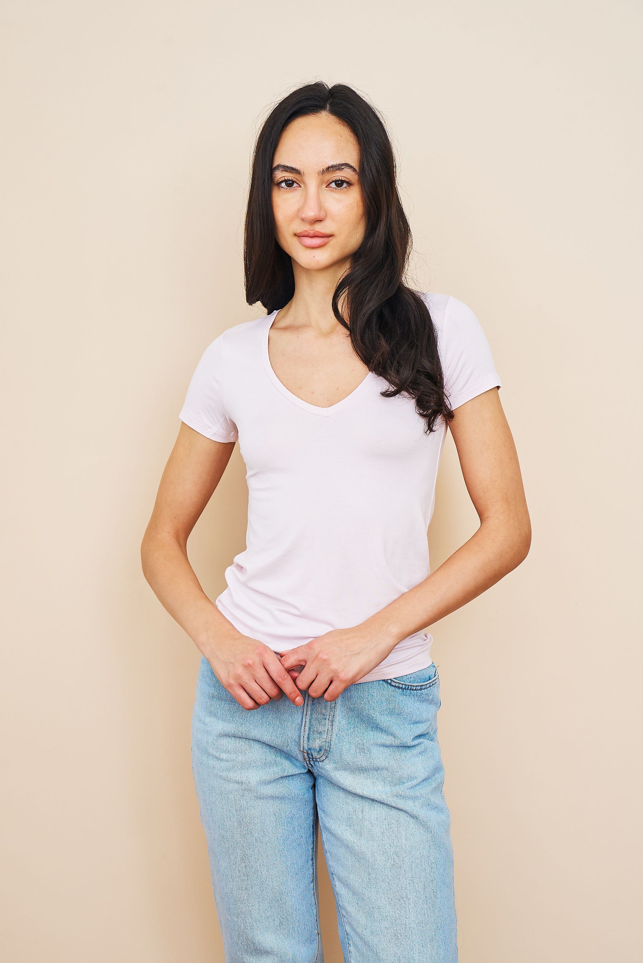Majestic Lyocell Cotton Semi Relaxed Short Sleeve V-Neck in Petale
