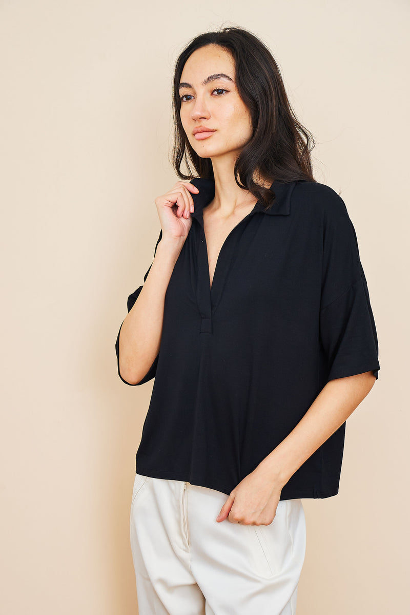 Soft Touch Superwashed Elbow Sleeve oversize Polo in Noir-Black