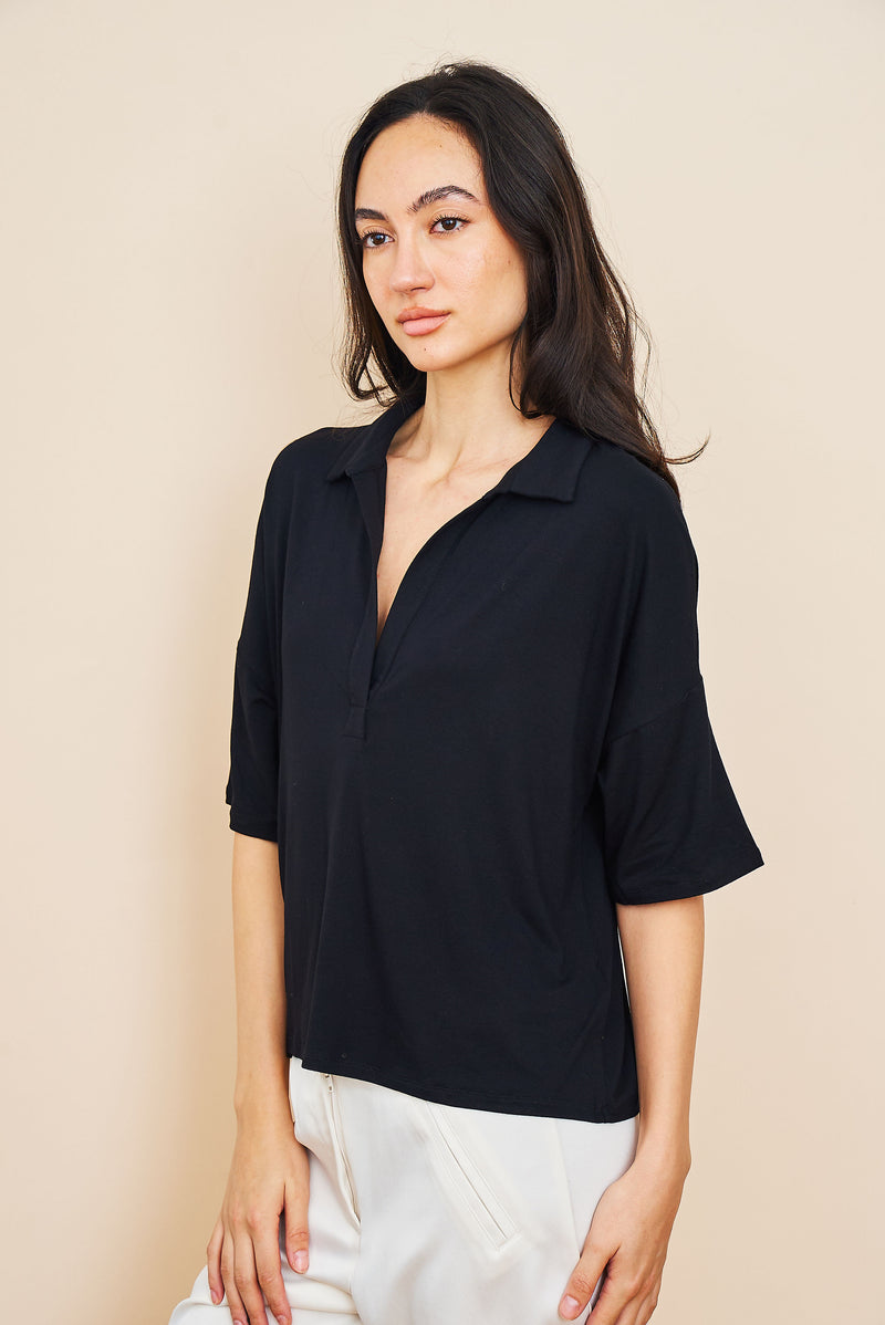 Soft Touch Superwashed Elbow Sleeve oversize Polo in Noir-Black