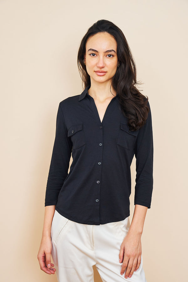 Lyocell Cotton 3/4 Sleeve Pocket Shirt in Noir/Black
