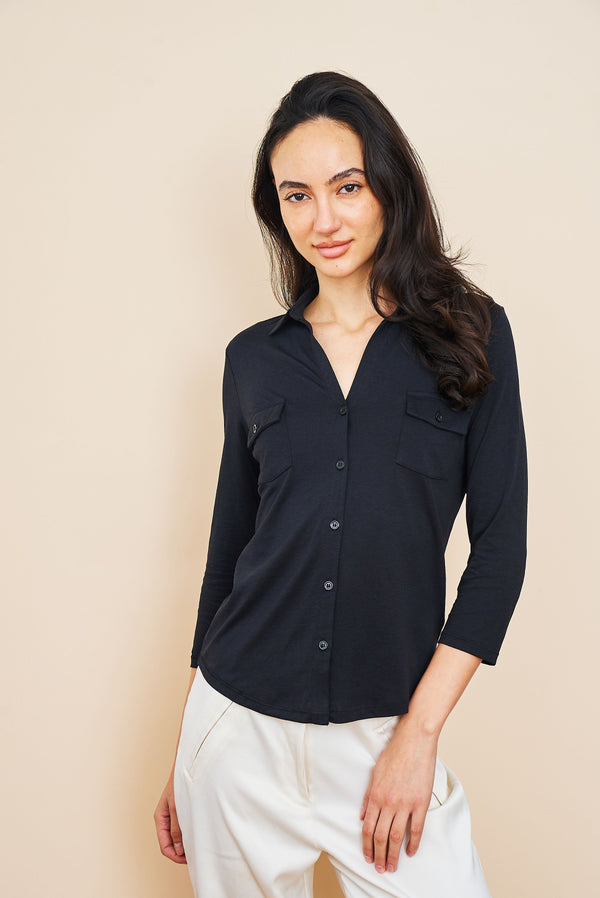 Lyocell Cotton 3/4 Sleeve Pocket Shirt in Noir/Black